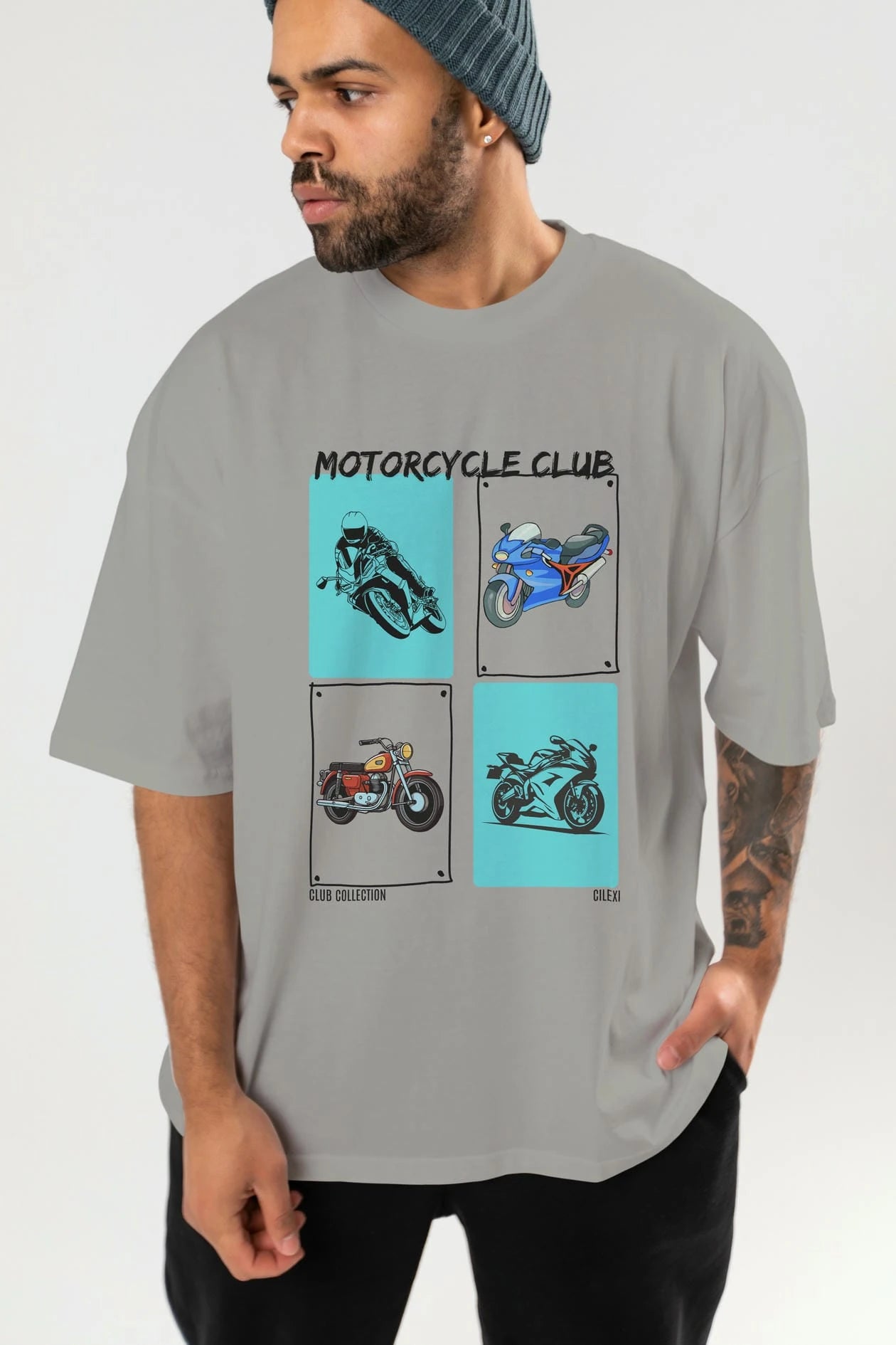 Motorcycle Club ön Baskılı Oversize t-shirt Erkek Kadın %100 Pamuk Bisiklet Yaka tişort