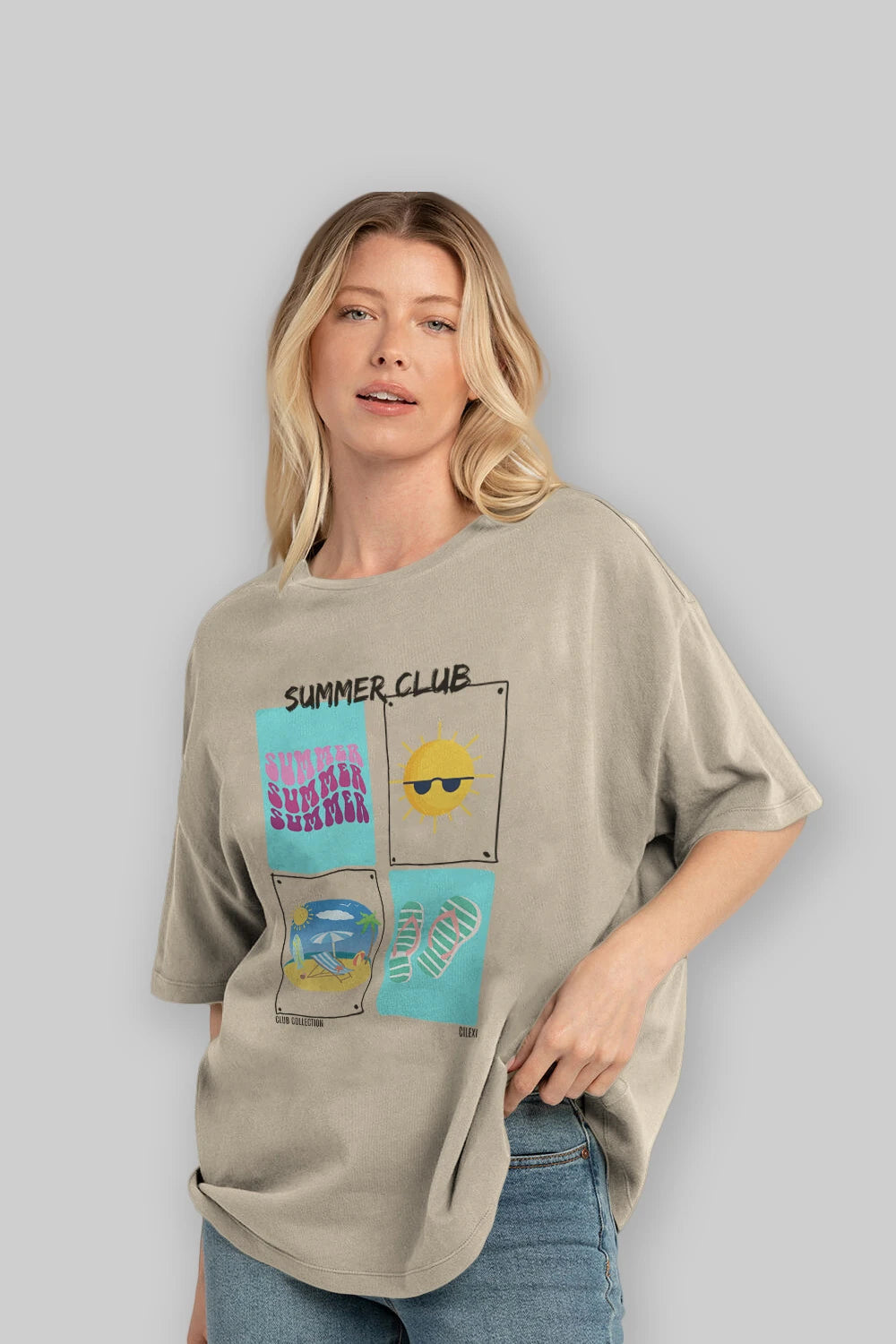 Summer Club ön Baskılı Oversize t-shirt Erkek Kadın %100 Pamuk Bisiklet Yaka tişort