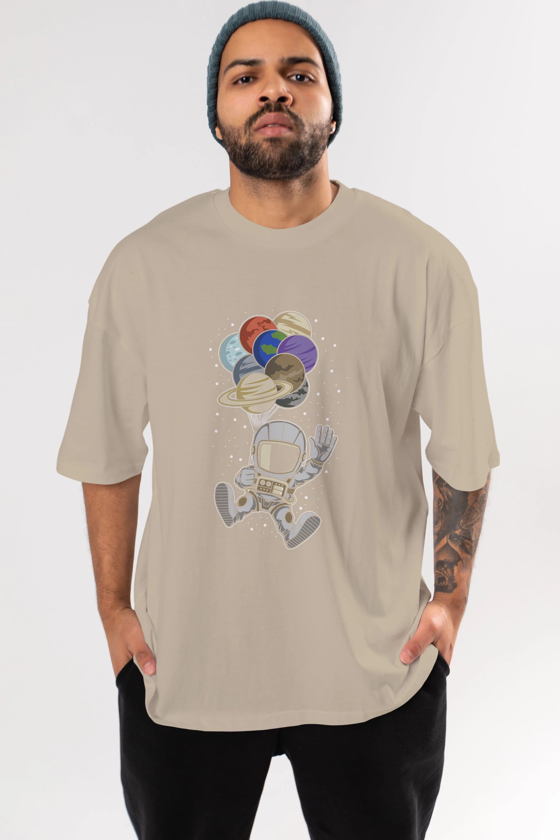 Astronaut Baloon Planets Ön Baskılı Oversize t-shirt Erkek Kadın Unisex