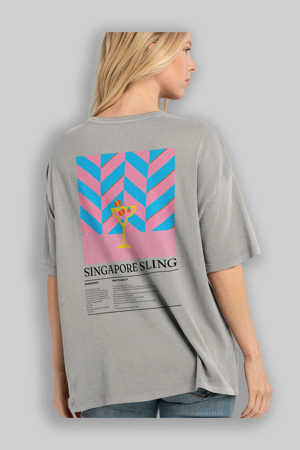 Singapore Sling Kokteyl Serisi Arka Baskılı Oversize t-shirt Erkek Kadın %100 Pamuk Bisiklet Yaka tişort