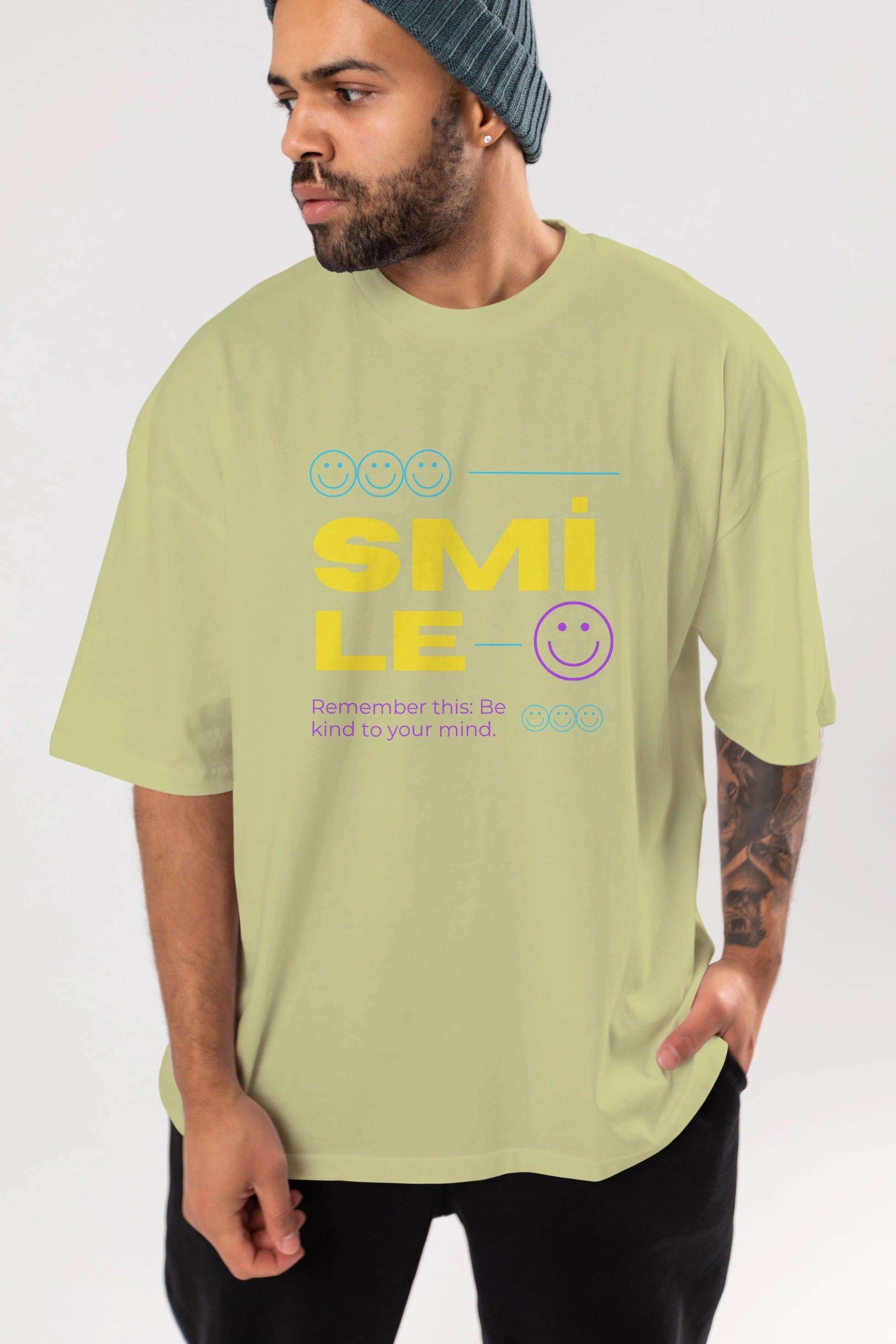 Smile Yazılı 2 Ön Baskılı Oversize t-shirt Erkek Kadın Unisex
