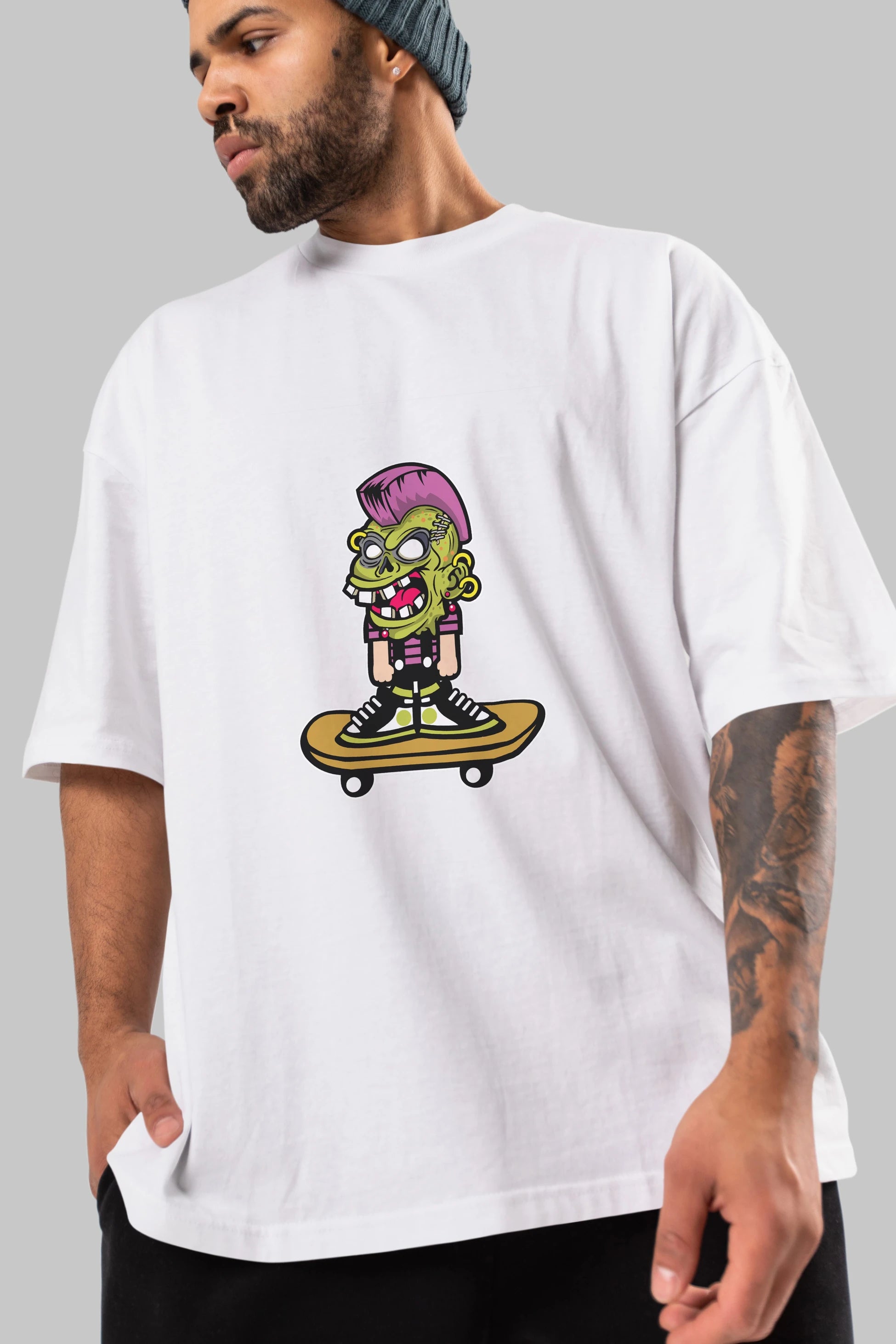 Zombie Punk Skater Ön Baskılı Oversize t-shirt Erkek Kadın Unisex %100 Pamuk tişort