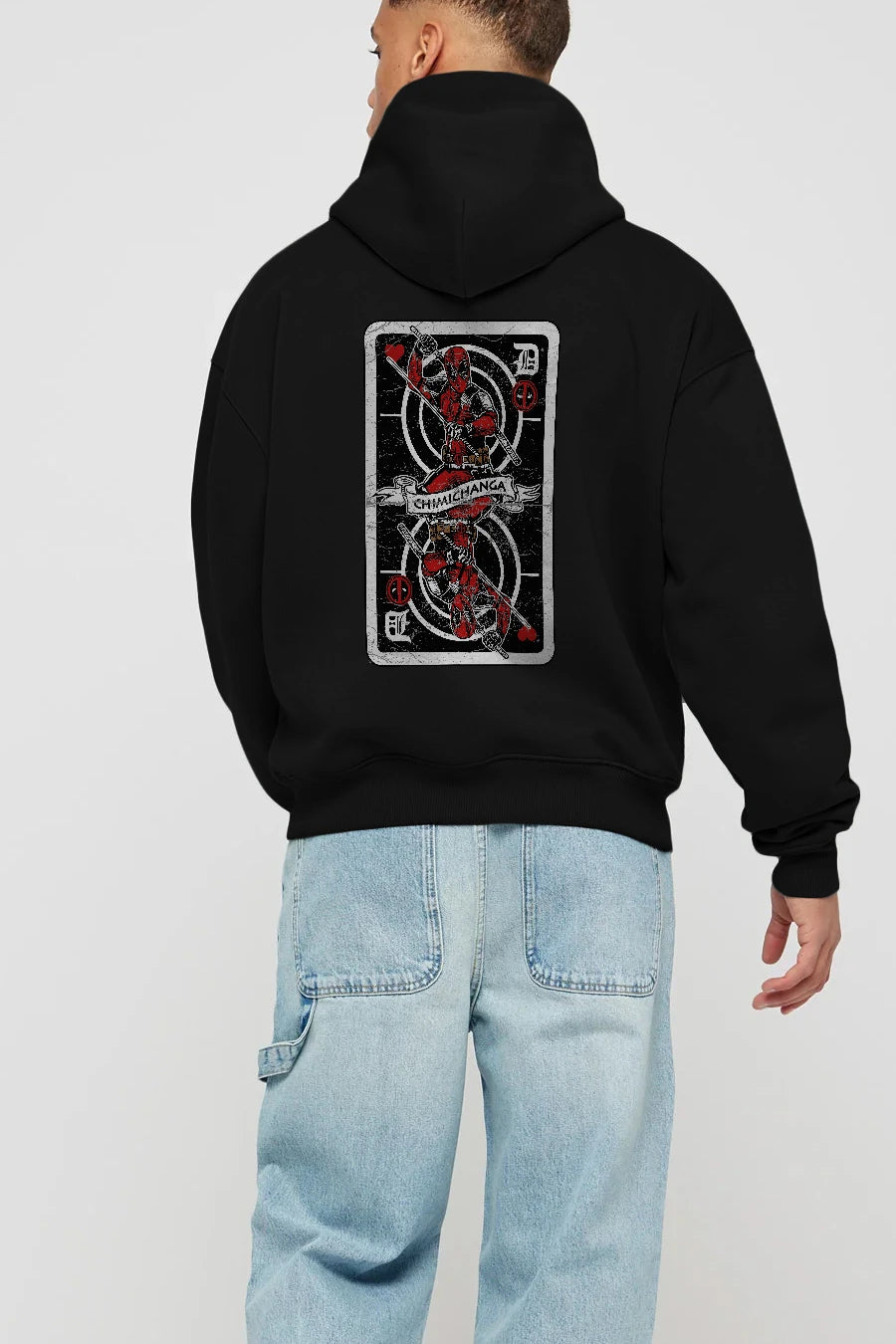 Deadpool Card Arka Baskılı Hoodie Oversize Kapüşonlu Sweatshirt Erkek Kadın Unisex