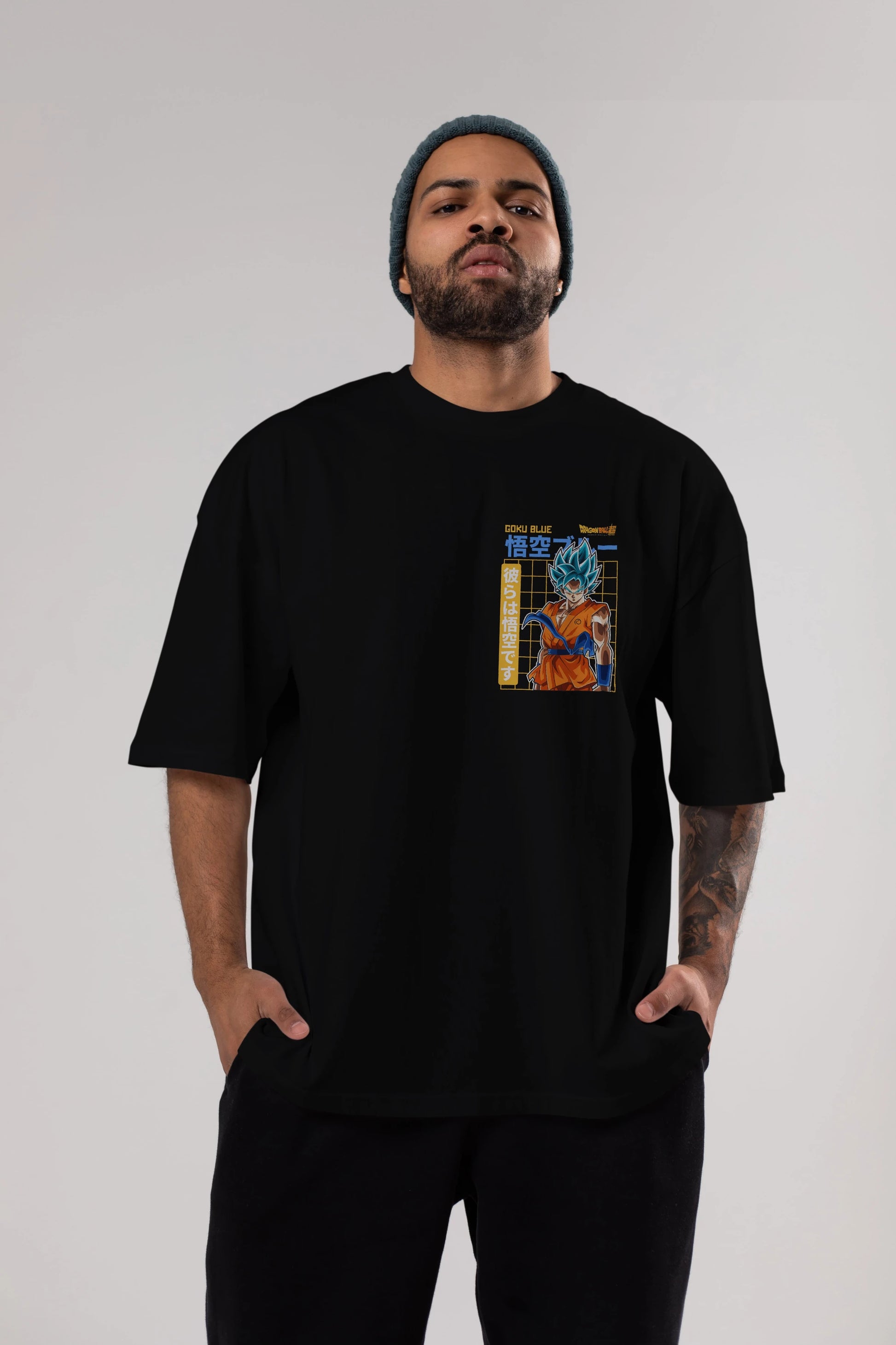 GOKU 1 Ön Sol Baskılı Oversize t-shirt Erkek Kadın Unisex %100 Pamuk Bisiklet Yaka tişort