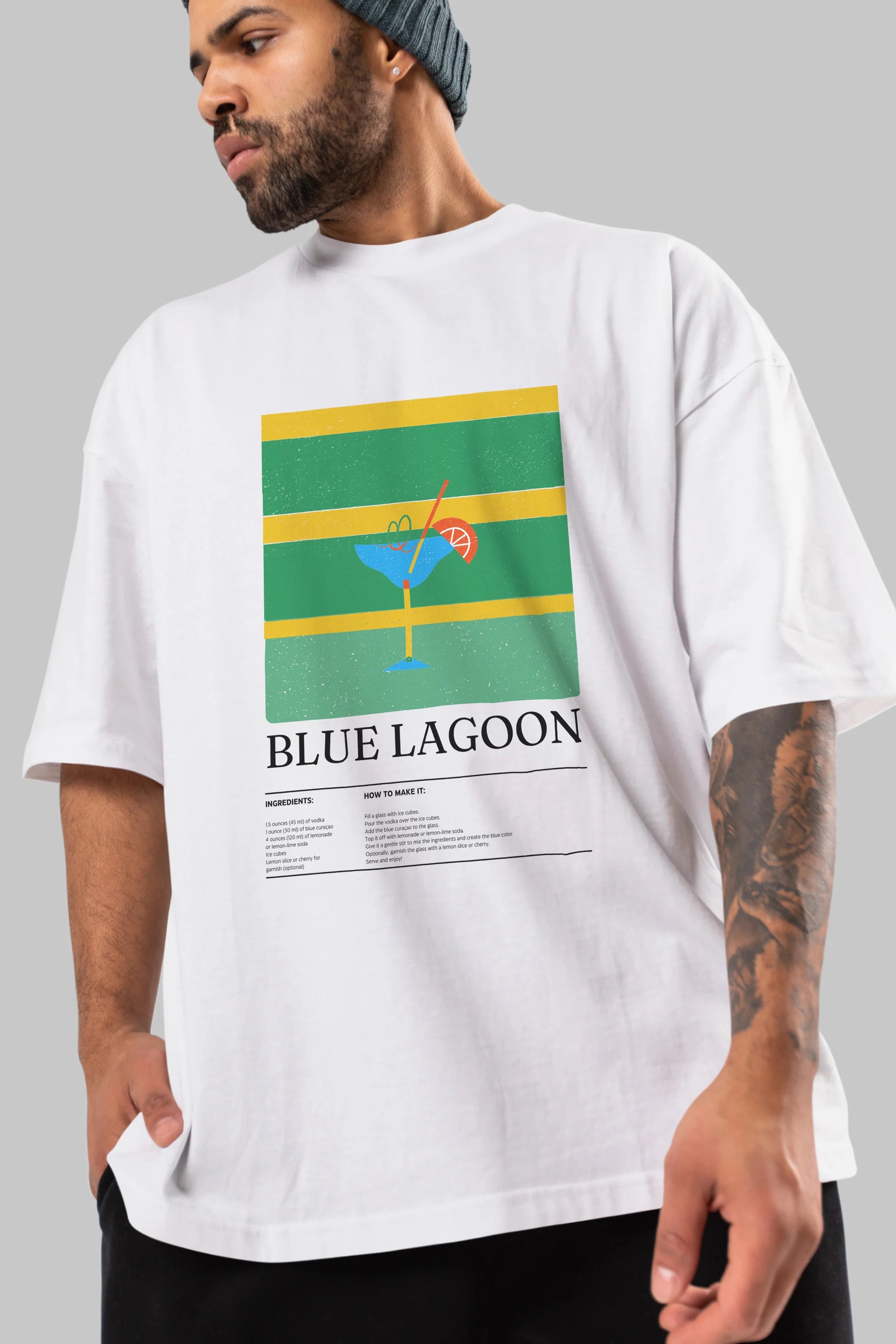 Blue Lagoon Kokteyl Ön Baskılı Oversize t-shirt Erkek Kadın %100 Pamuk Bisiklet Yaka tişort