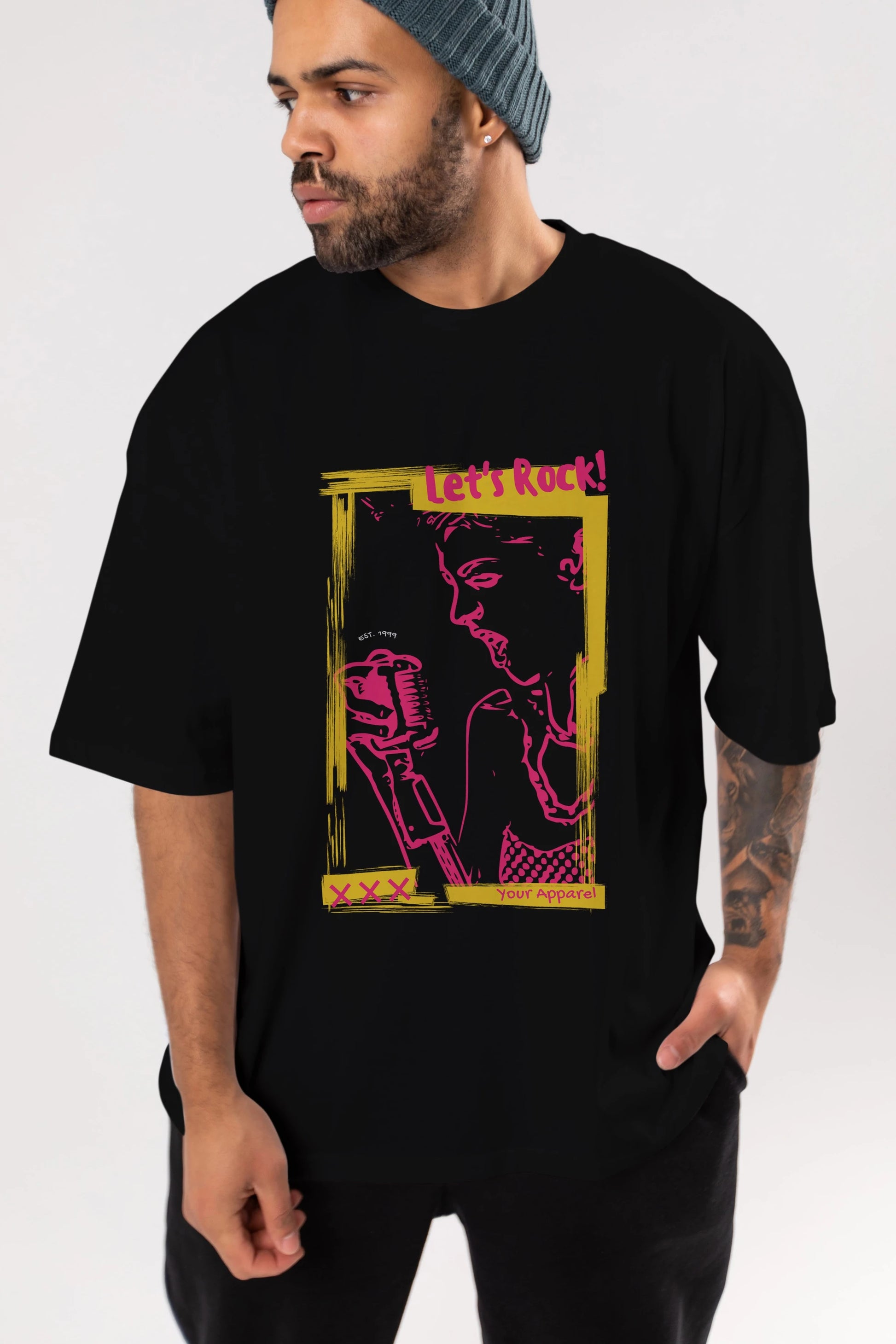 Let's Rock Yazılı Ön Baskılı Oversize t-shirt Erkek Kadın Unisex