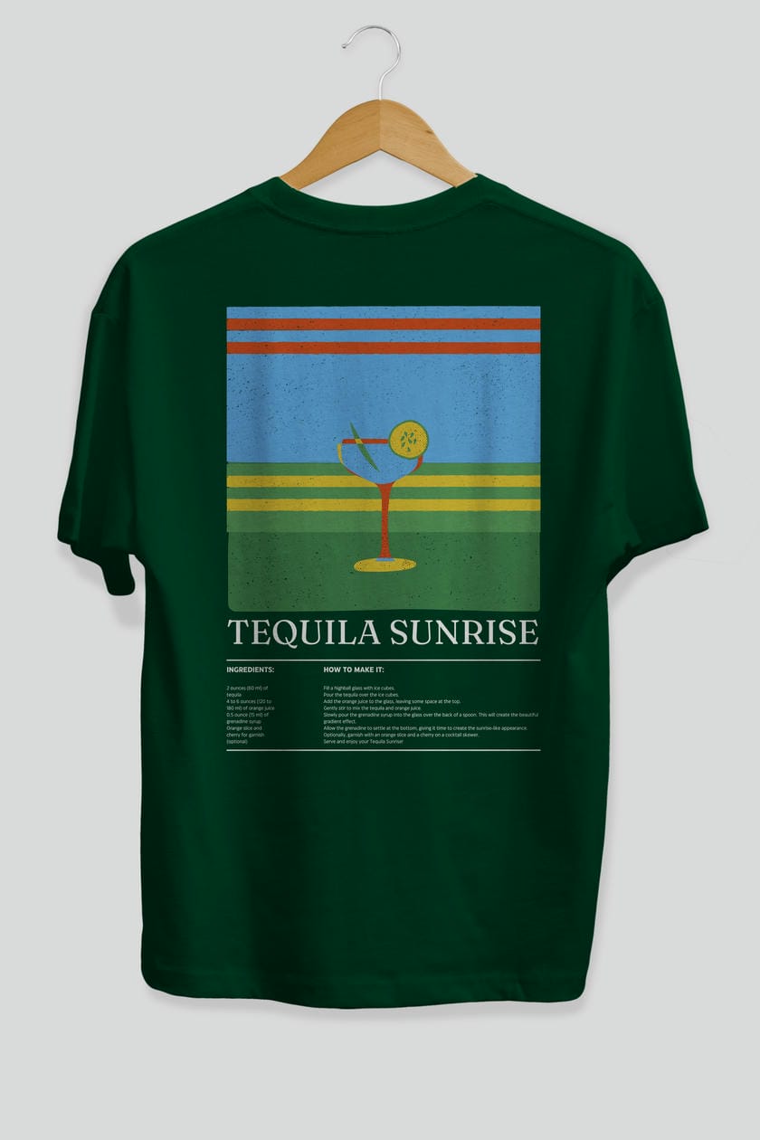 Tequila Sunrise Kokteyl Serisi Arka Baskılı Oversize t-shirt Erkek Kadın %100 Pamuk Bisiklet Yaka tişort