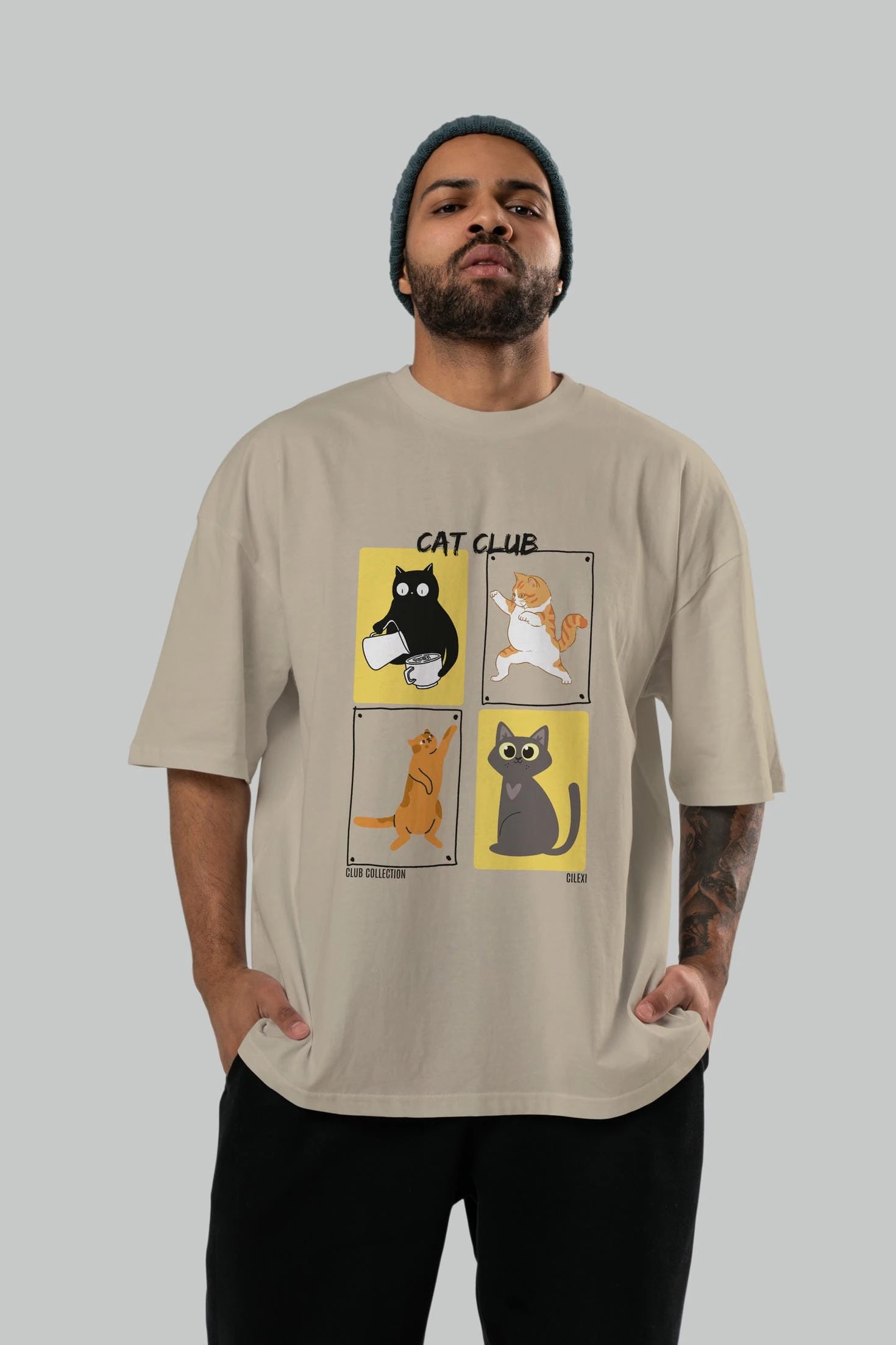 Cat Club ön Baskılı Oversize t-shirt Erkek Kadın %100 Pamuk Bisiklet Yaka tişort