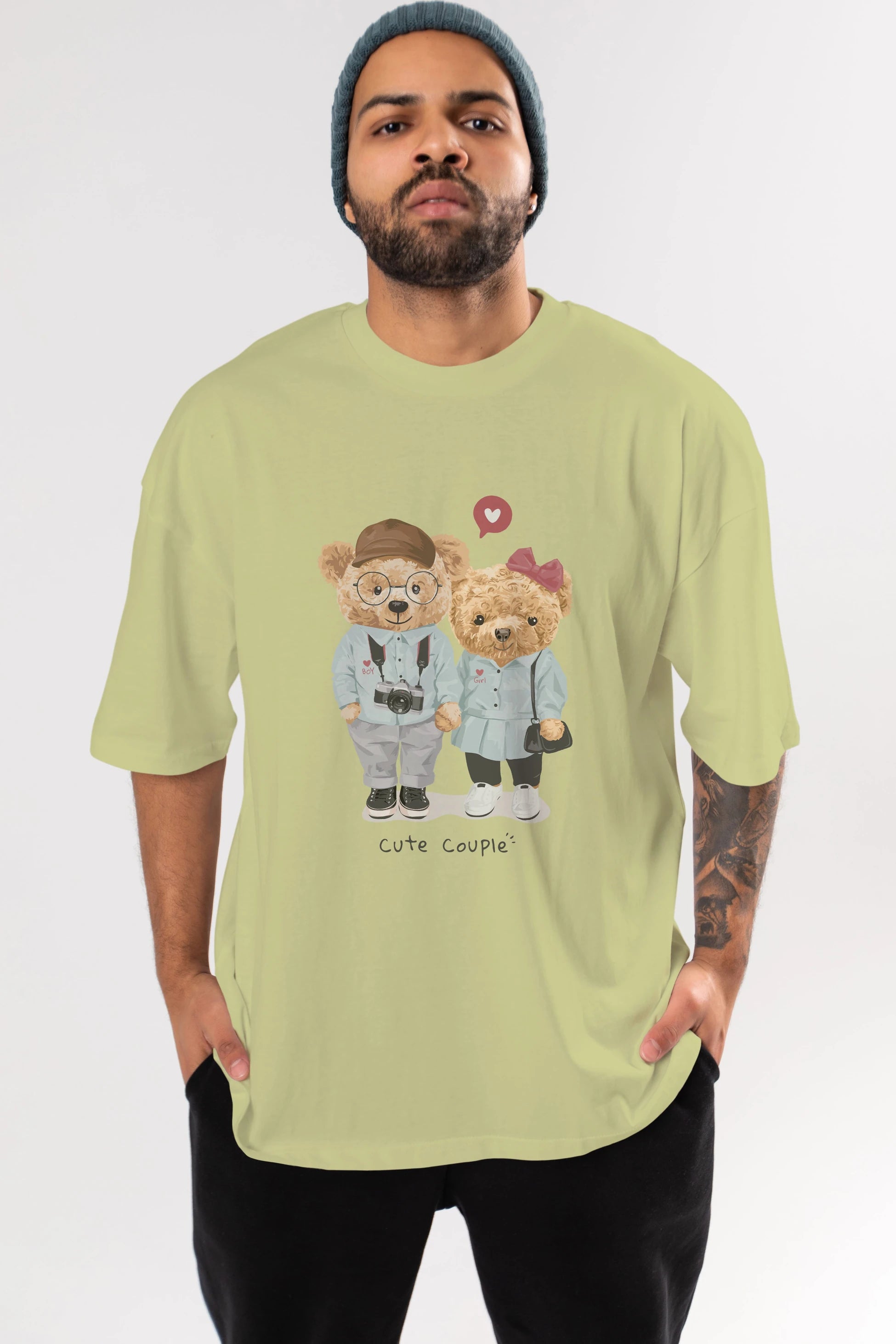 Teddy Bear Cute Couple Ön Baskılı Oversize t-shirt Erkek Kadın Unisex %100 Pamuk