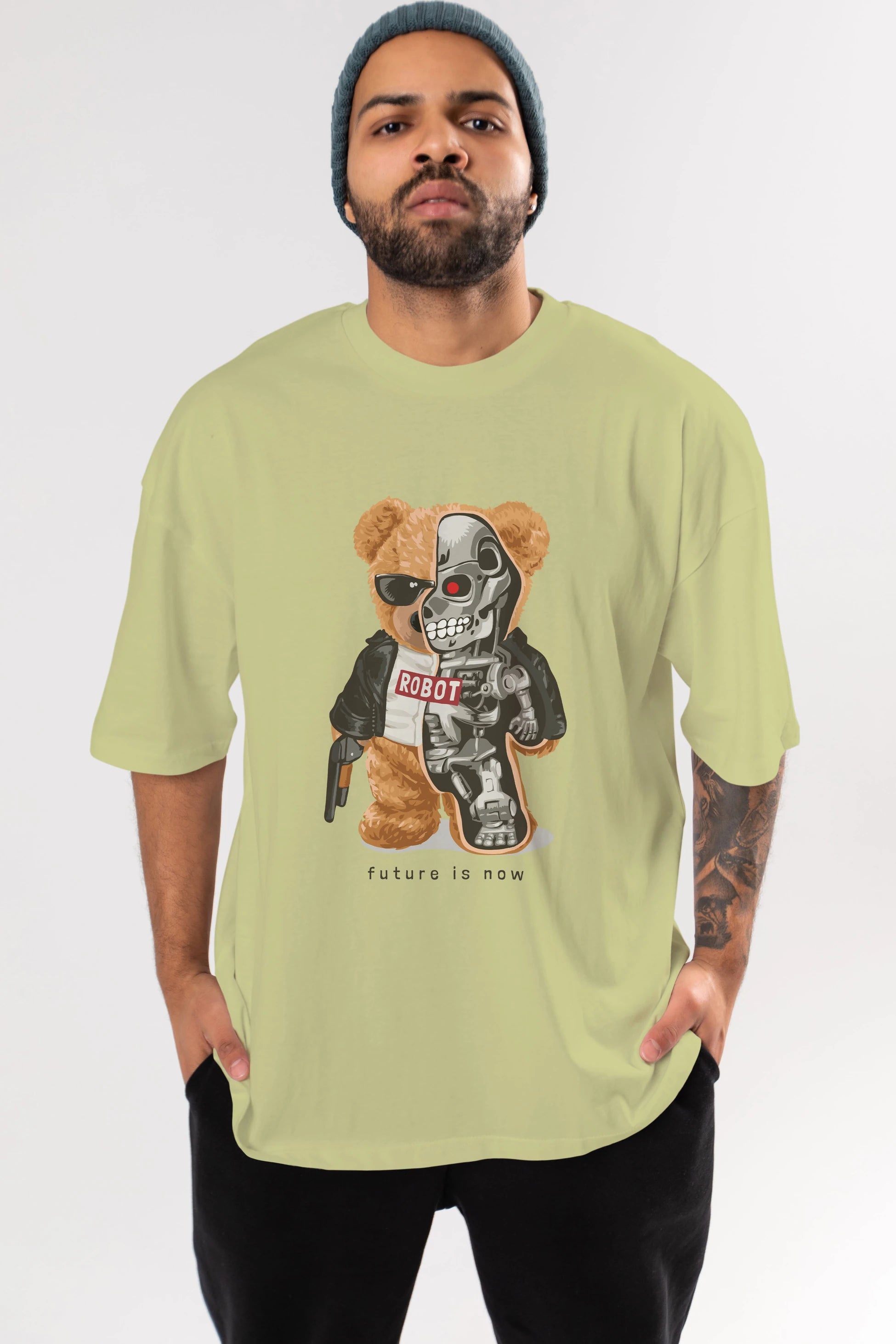 Teddy Bear Robot Ön Baskılı Oversize t-shirt Erkek Kadın Unisex %100 Pamuk