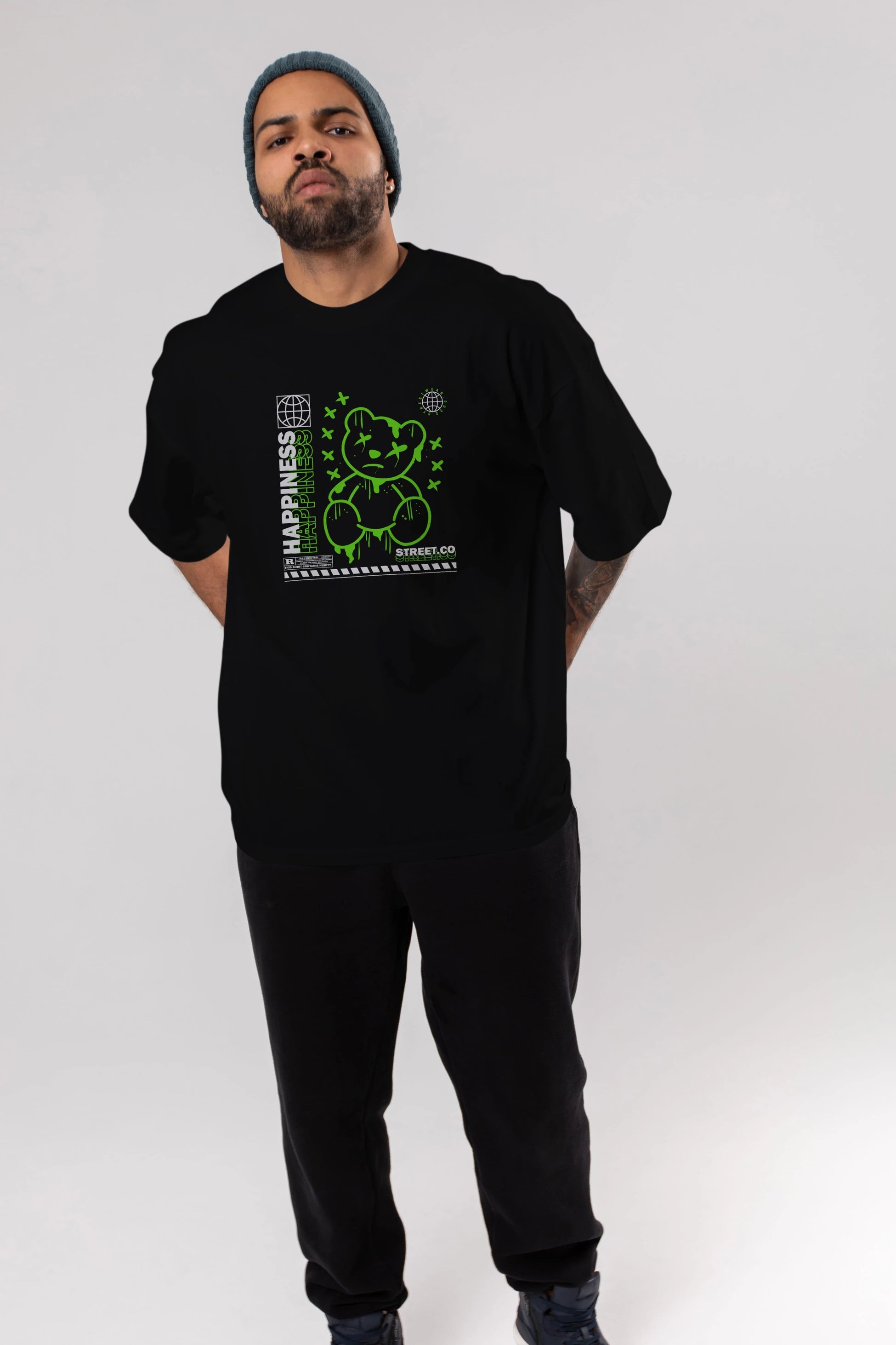 Happiness Bear 3 Ön Baskılı Oversize t-shirt Erkek Kadın Unisex