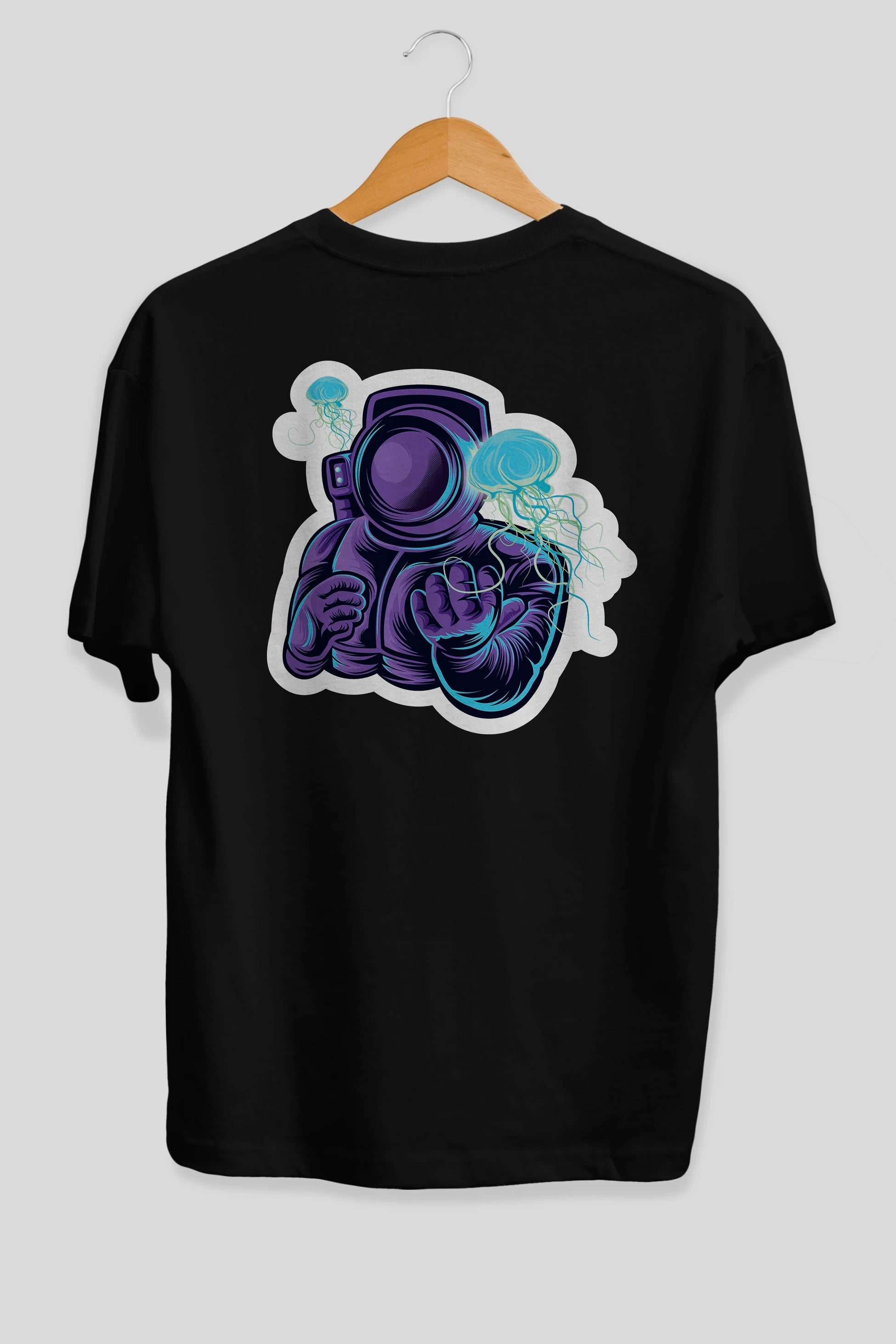Astronaut and Jellyfish Sticker Arka Baskılı Oversize t-shirt Erkek Kadın Unisex