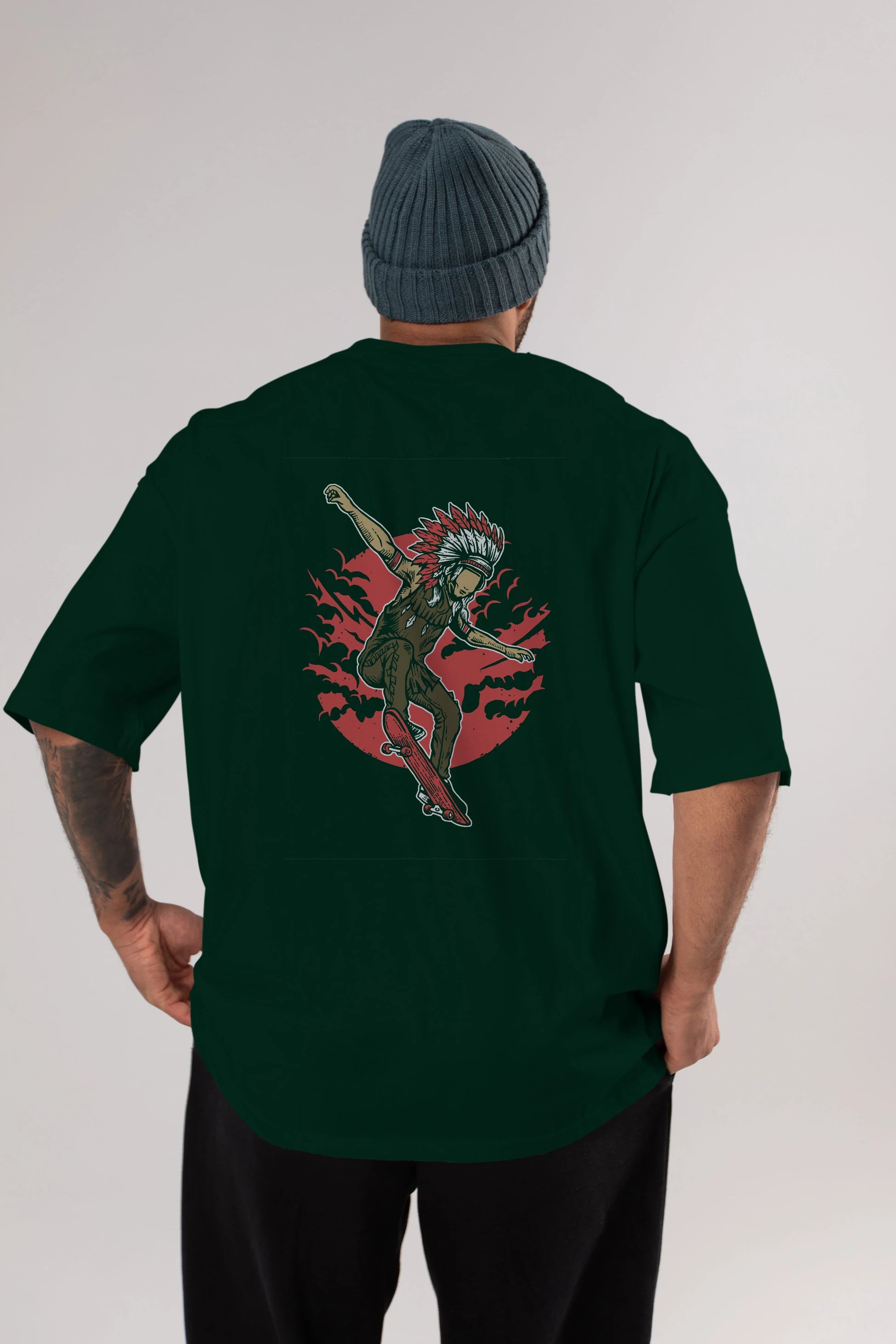 Indian Chief Skateboard Arka Baskılı Oversize t-shirt Erkek Kadın Unisex %100 Pamuk