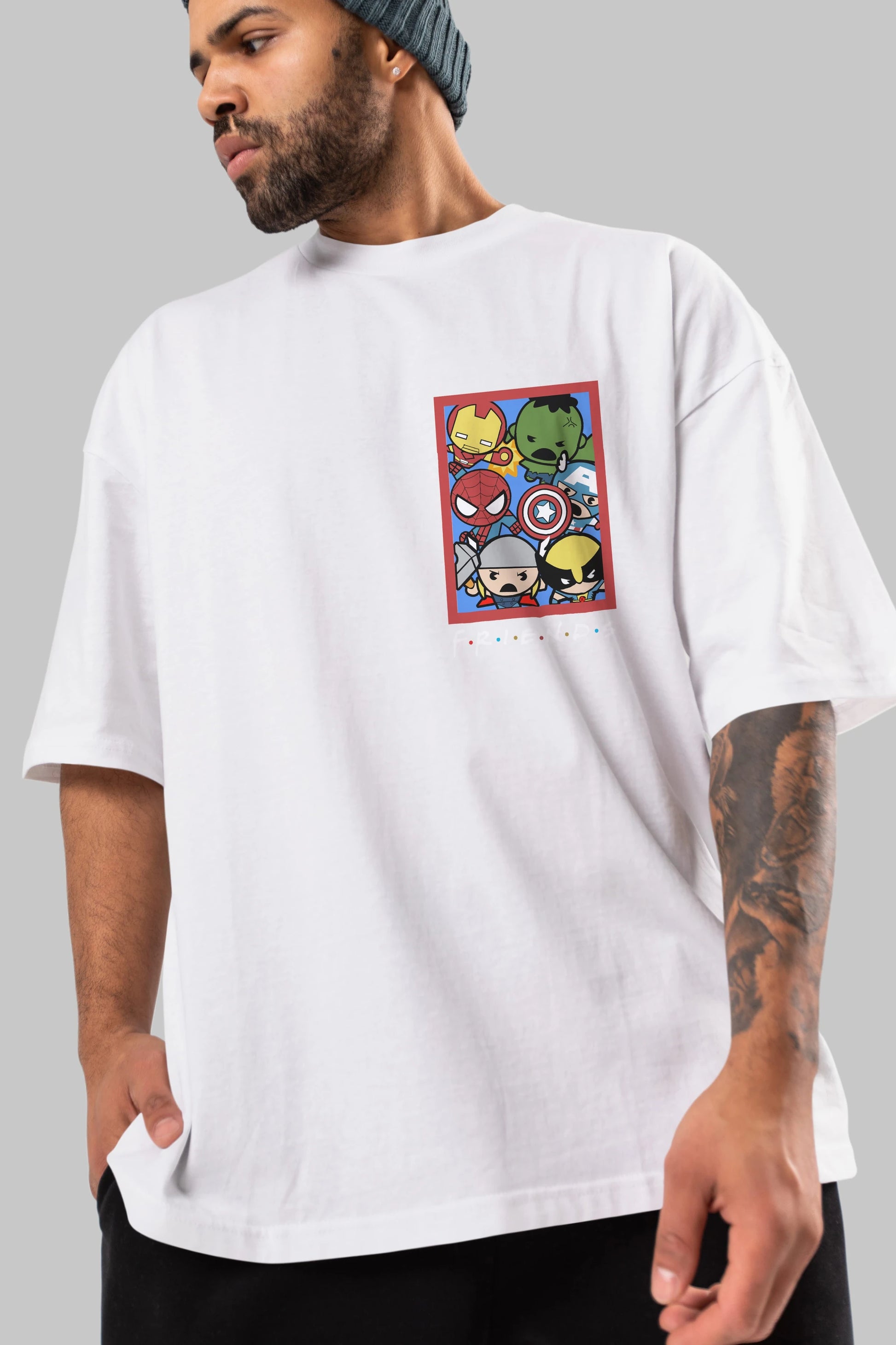 Friends Avenger Ön Sol Baskılı Oversize t-shirt Erkek Kadın Unisex %100 Pamuk Bisiklet Yaka tişort