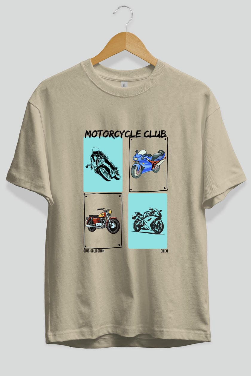 Motorcycle Club ön Baskılı Oversize t-shirt Erkek Kadın %100 Pamuk Bisiklet Yaka tişort