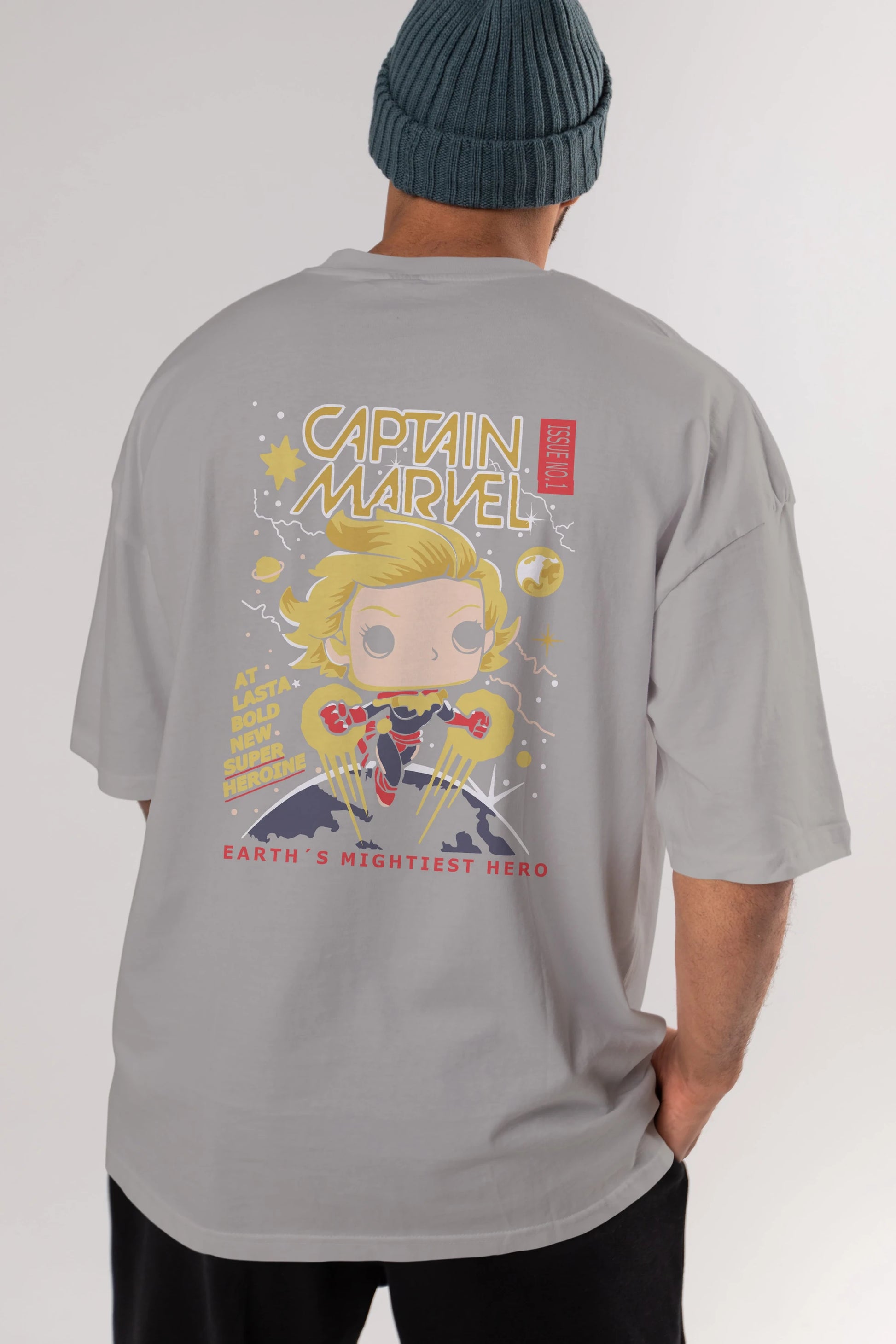 Captain Marvel Arka Baskılı Oversize t-shirt Erkek Kadın Unisex %100 Pamuk Bisiklet Yaka tişort