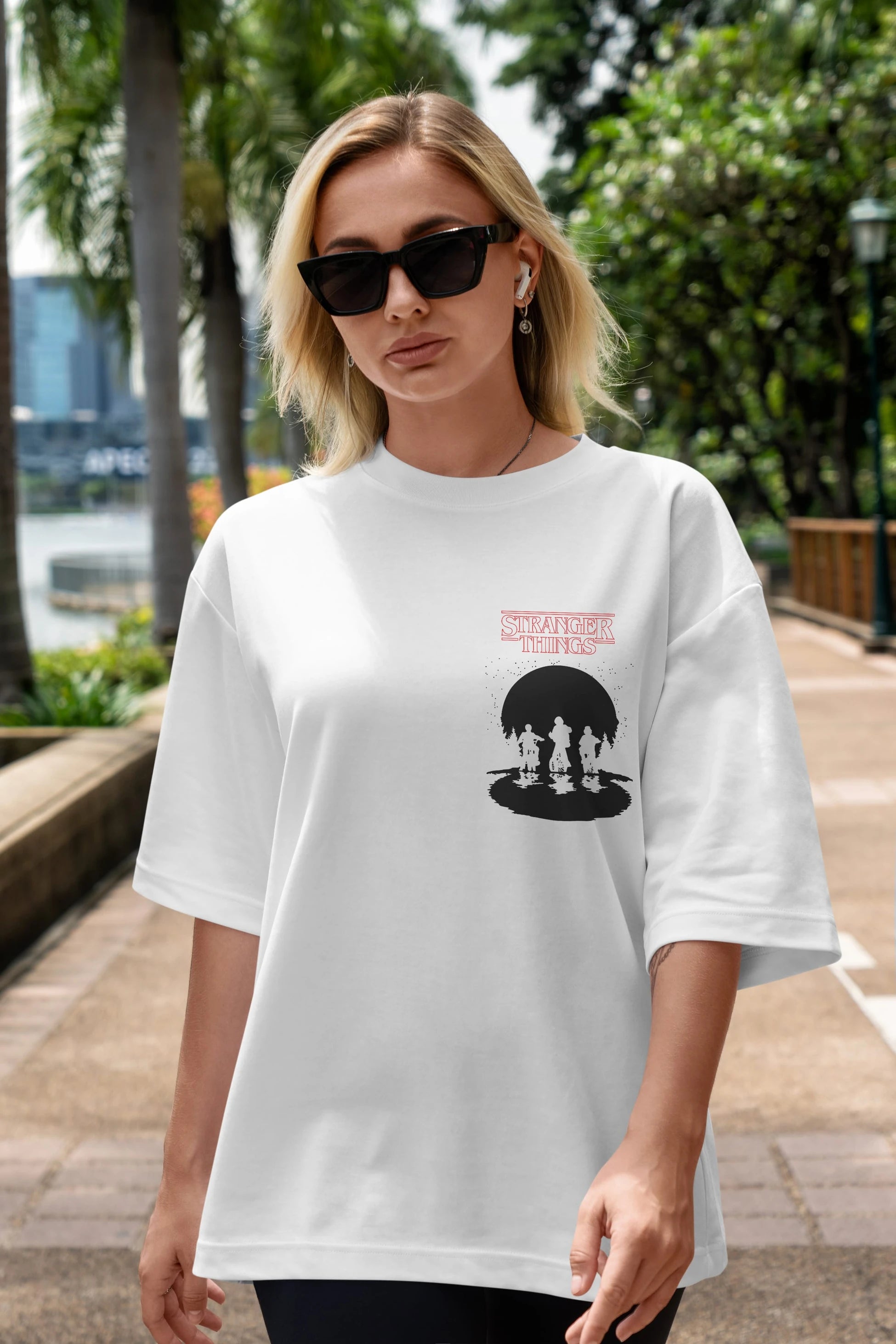 Stranger Things Ön Sol Baskılı Oversize t-shirt Erkek Kadın Unisex %100 Pamuk Bisiklet Yaka tişort