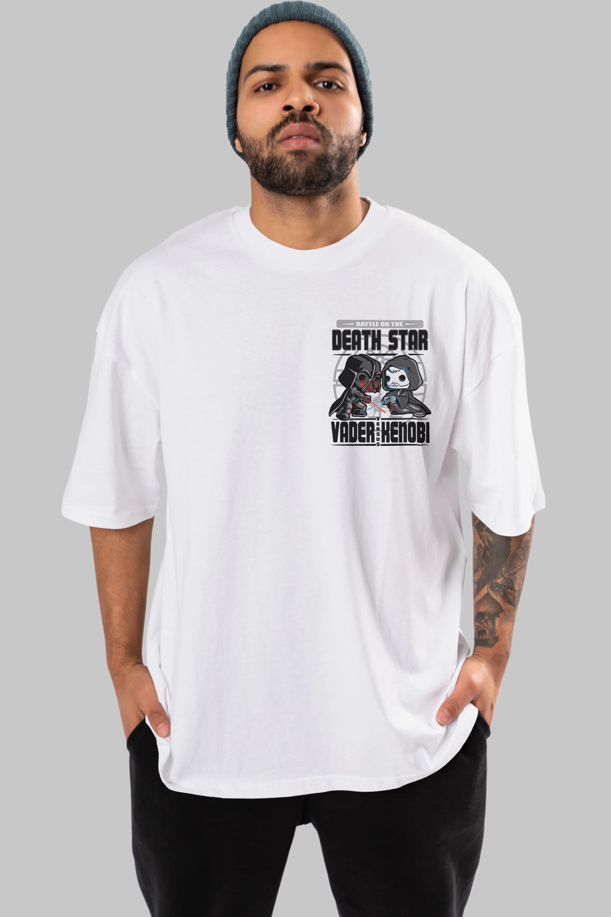 Vader Kenobi Ön Sol Baskılı Oversize t-shirt Erkek Kadın Unisex %100 Pamuk Bisiklet Yaka tişort