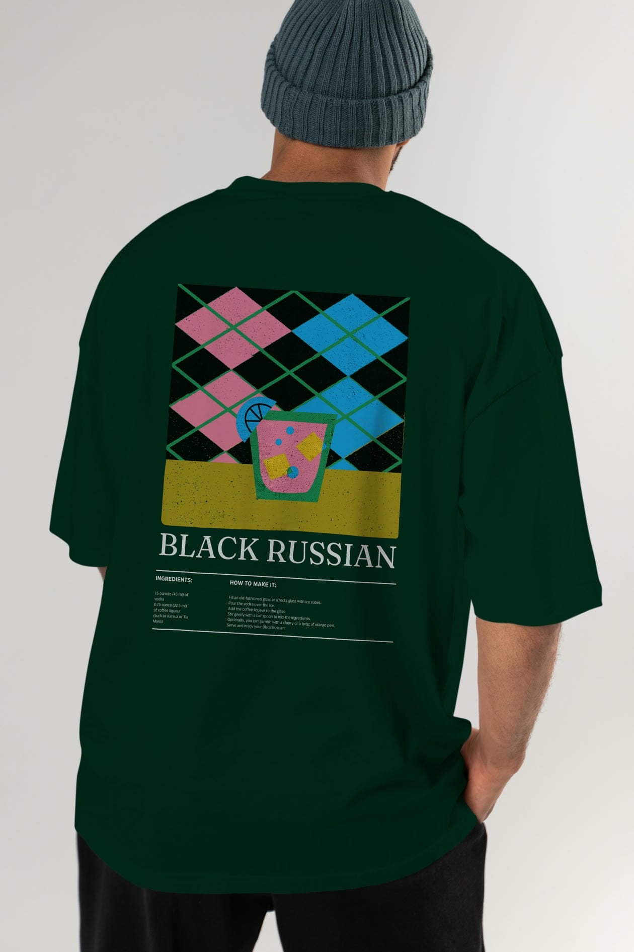 Black Russian Kokteyl Serisi Arka Baskılı Oversize t-shirt Erkek Kadın %100 Pamuk Bisiklet Yaka tişort