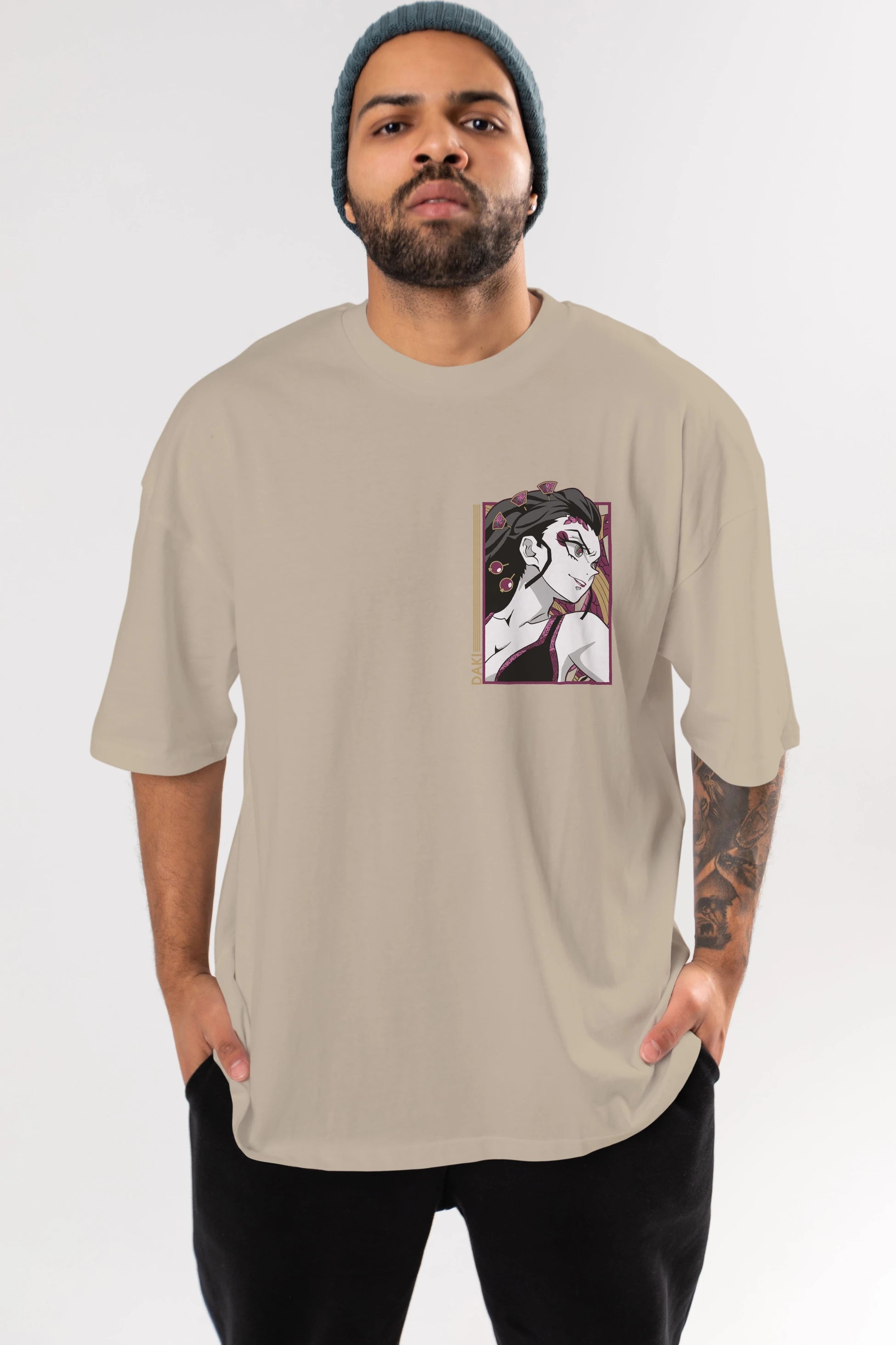 Daki DEMION SLAYER Ön Sol Baskılı Oversize t-shirt Erkek Kadın Unisex %100 Pamuk Bisiklet Yaka tişort