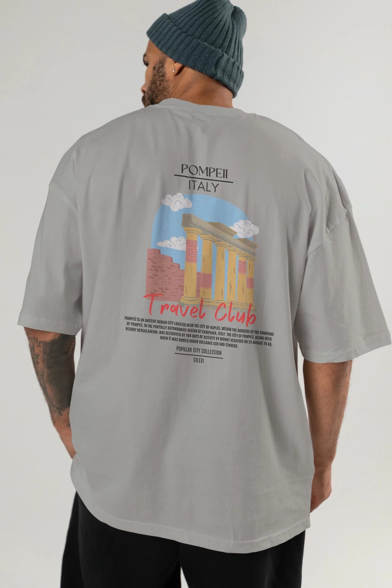 Pompeii İtaly Arka Baskılı Oversize t-shirt Erkek Kadın Pamuk Bisiklet Yaka tişort