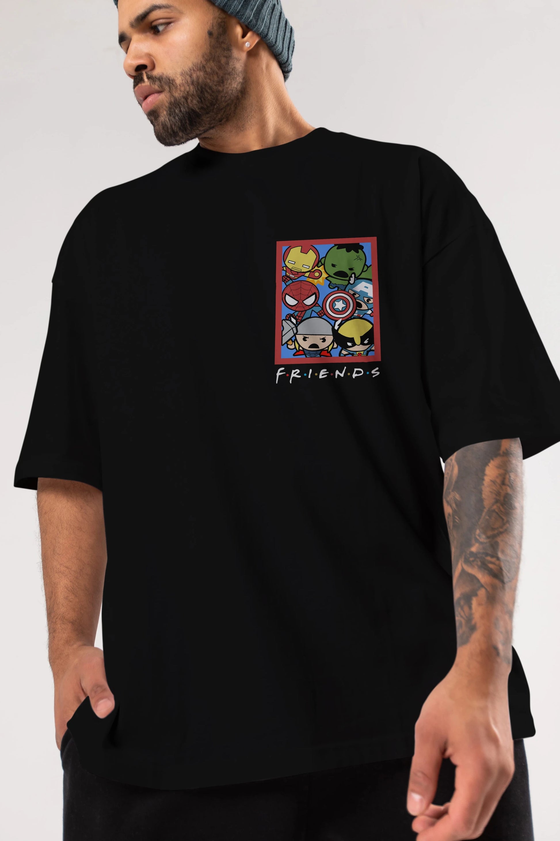 Friends Avenger Ön Sol Baskılı Oversize t-shirt Erkek Kadın Unisex %100 Pamuk Bisiklet Yaka tişort