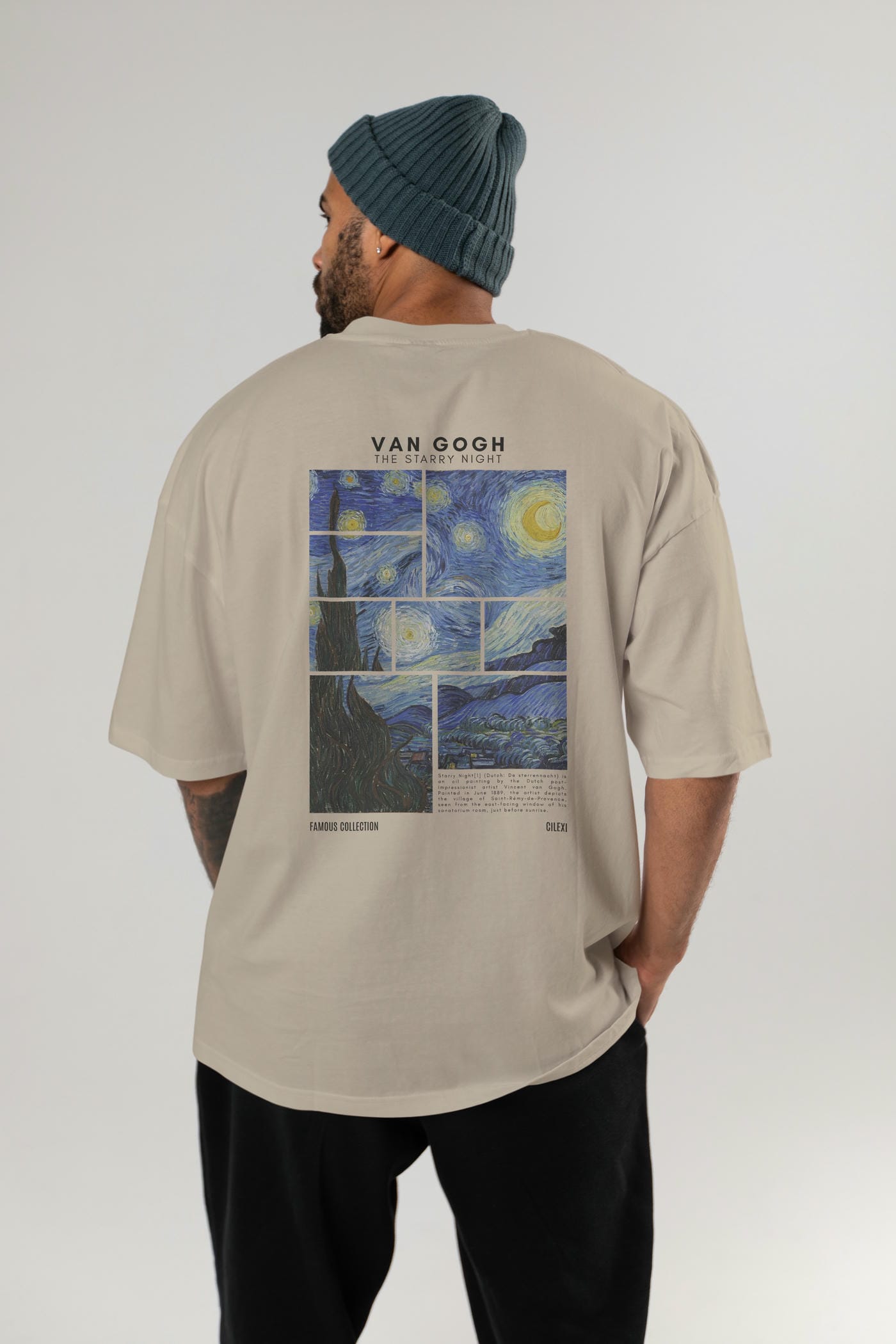 Van Gogh The Starry Night Arka Baskılı Oversize t-shirt Erkek Kadın Bisiklet Yaka Pamuk tişort