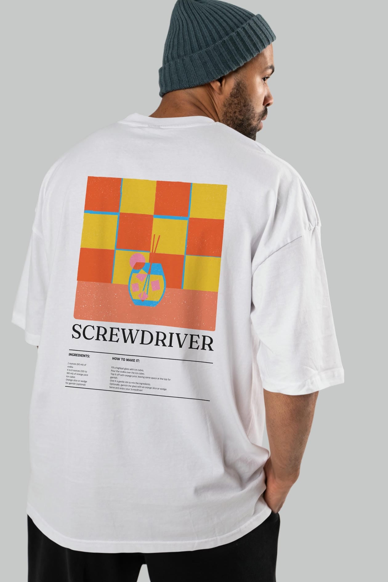 Screwdriver Kokteyl Serisi Arka Baskılı Oversize t-shirt Erkek Kadın %100 Pamuk Bisiklet Yaka tişort