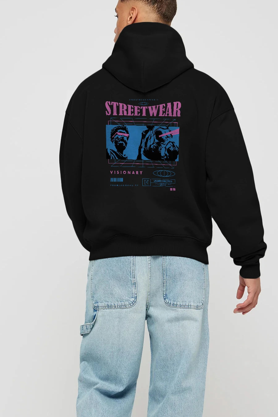 Streetwear Visionary Arka Baskılı Hoodie Oversize Kapüşonlu Sweatshirt Erkek Kadın Unisex