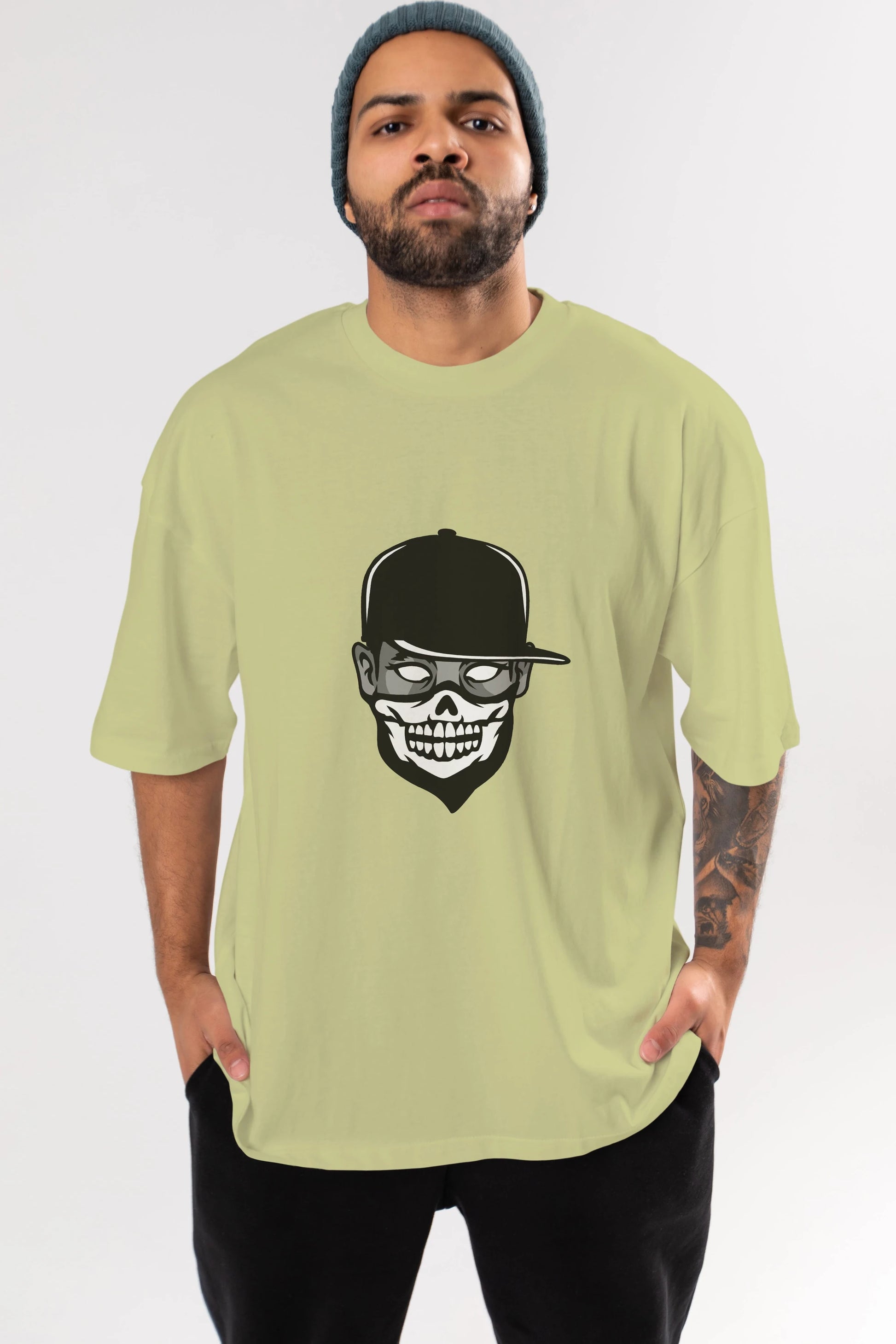 Skull Mask Ön Baskılı Oversize t-shirt Erkek Kadın Unisex %100 Pamuk tişort