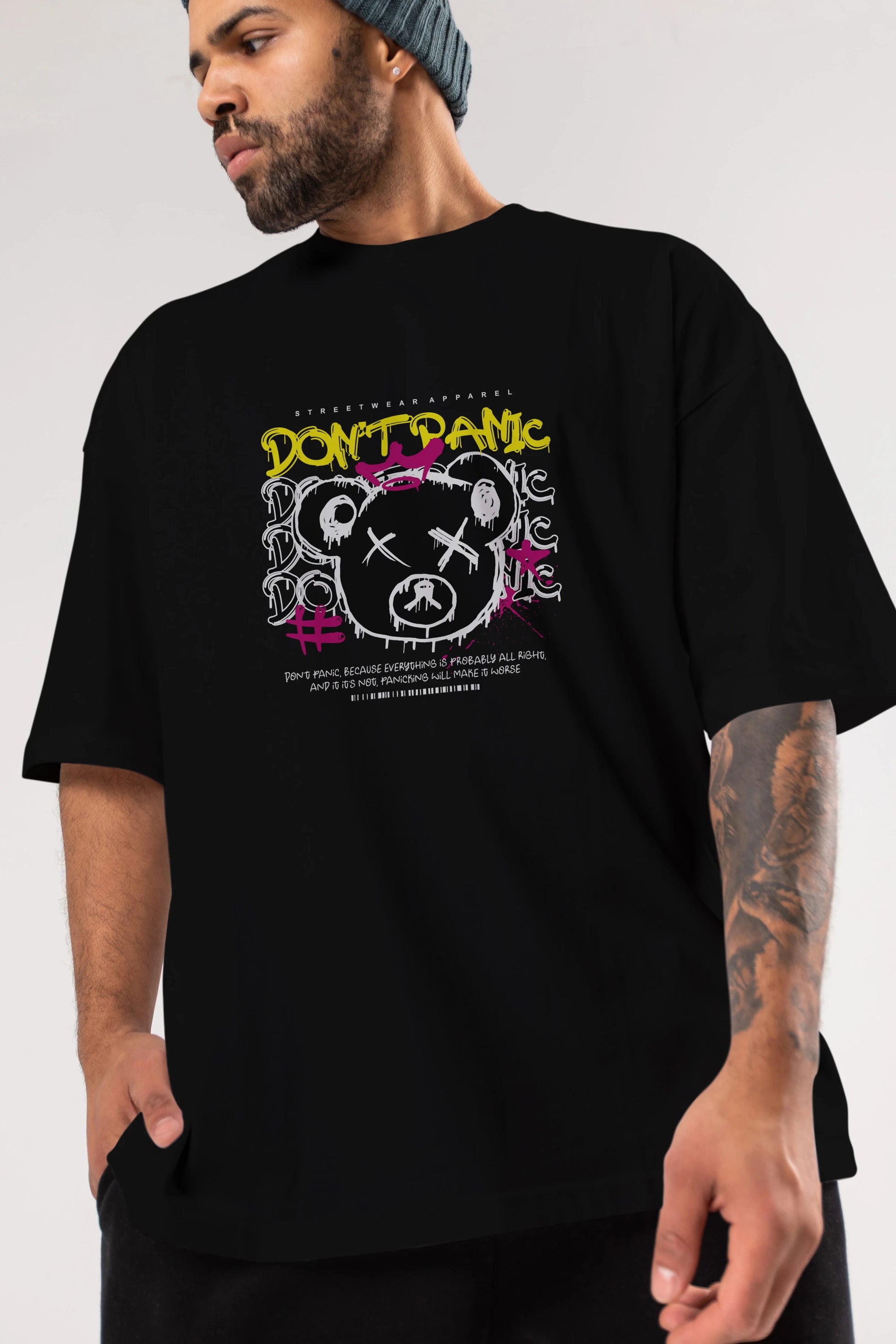 Teddy Bear Dont Panic Ön Baskılı Oversize t-shirt Erkek Kadın Unisex