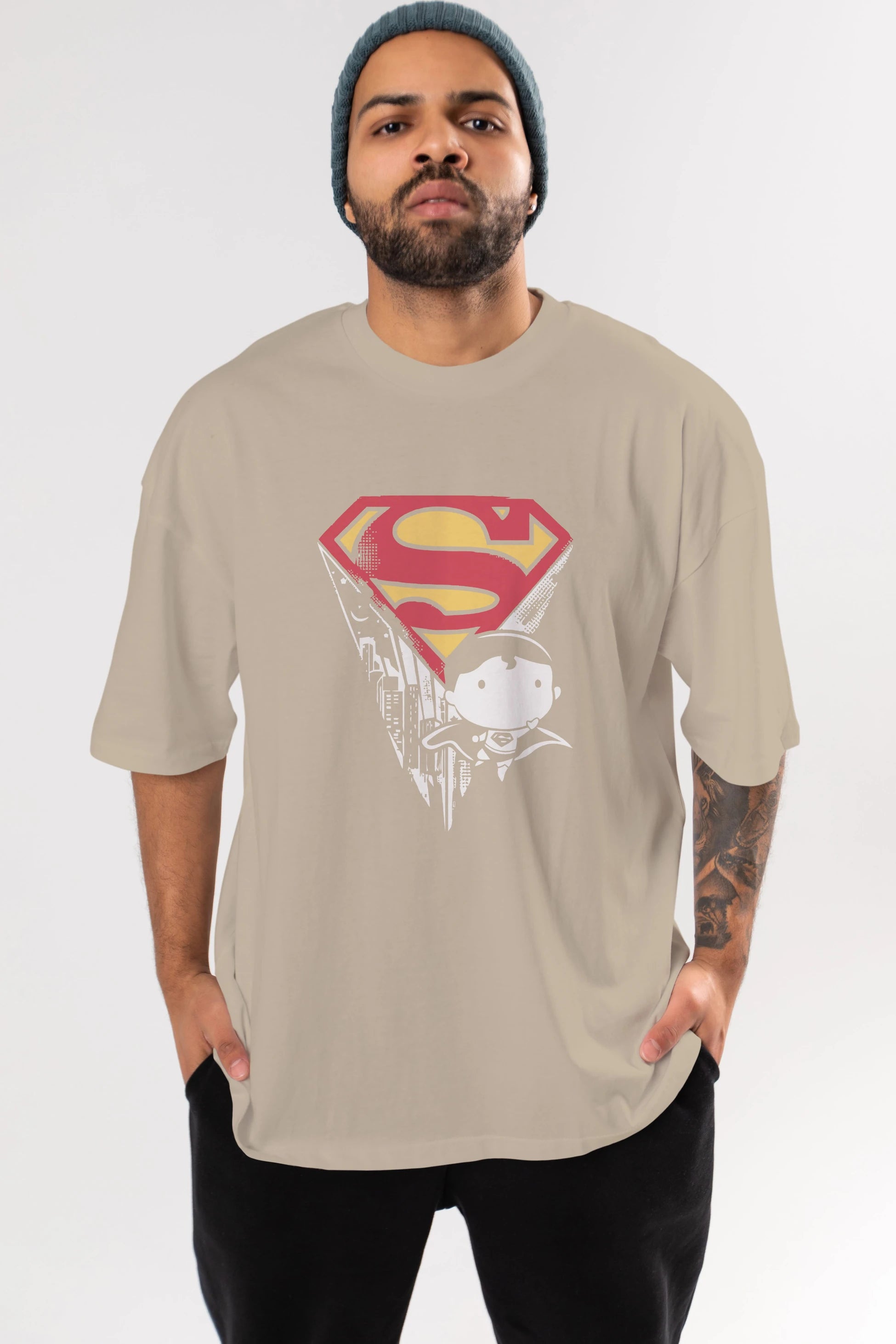 Superman Ön Baskılı Oversize t-shirt Erkek Kadın Unisex %100 Pamuk Bisiklet Yaka tişort