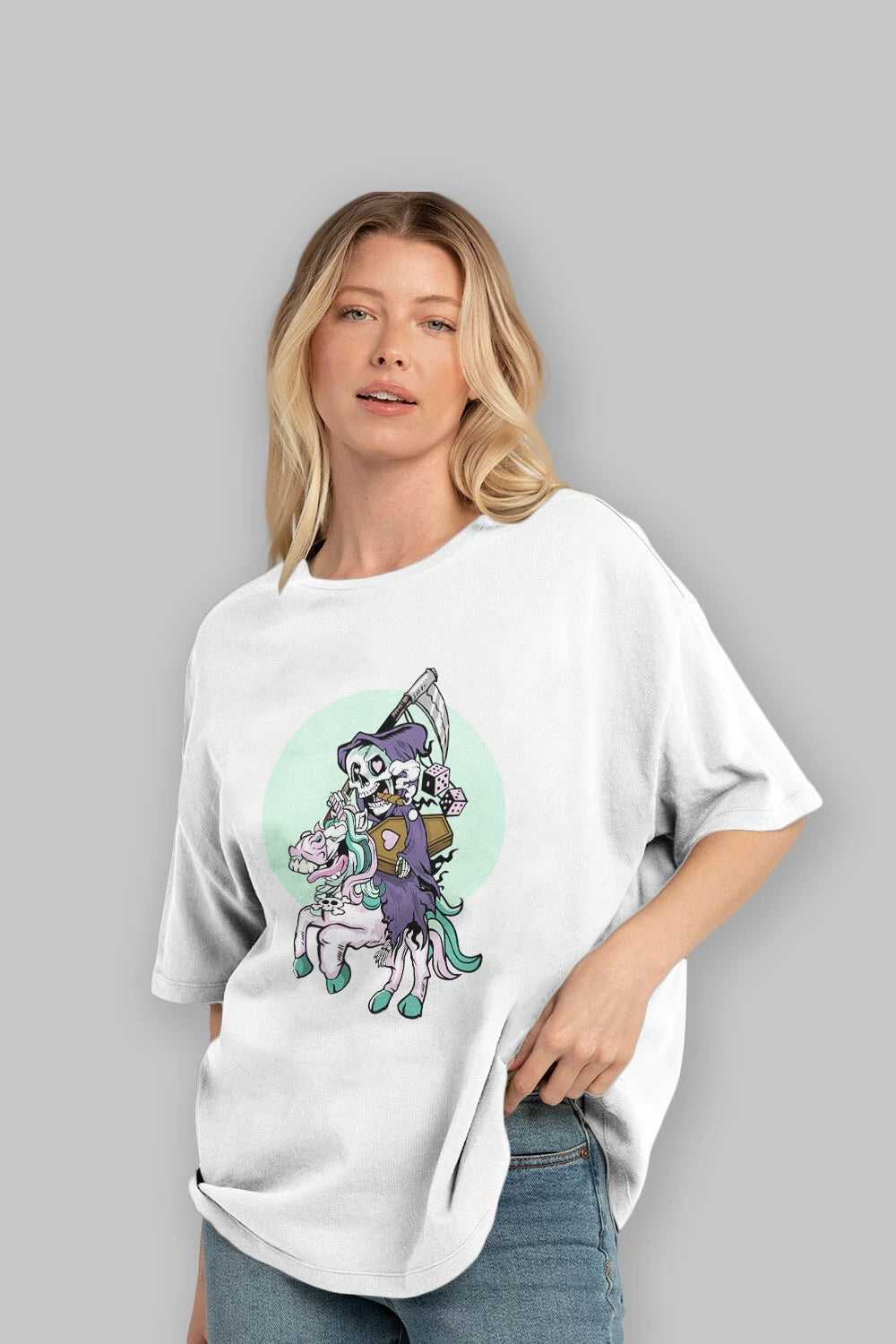 Grim Reaper Riding Unicorn Ön Baskılı Oversize t-shirt Erkek Kadın Unisex %100 Pamuk tişort