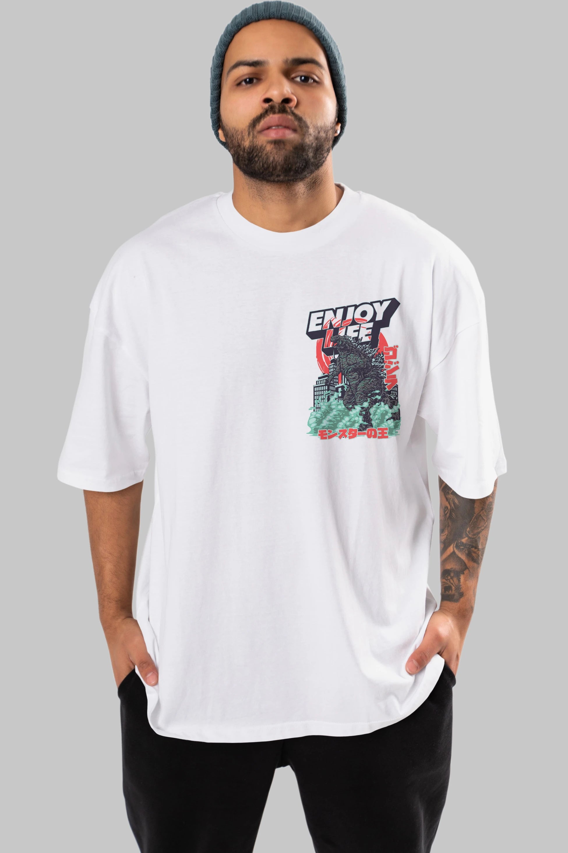 Godzilla Ön Sol Baskılı Oversize t-shirt Erkek Kadın Unisex %100 Pamuk Bisiklet Yaka tişort