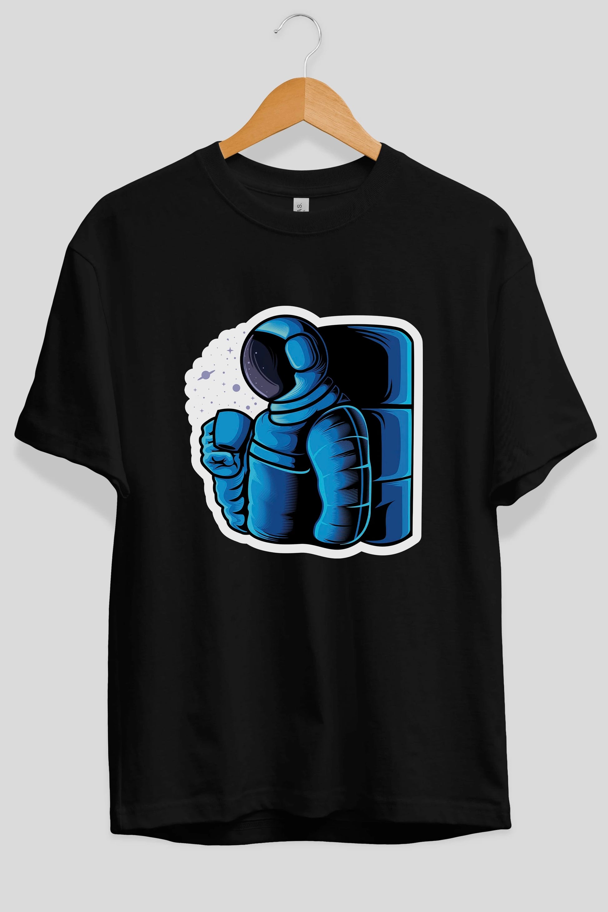 Drinking coffee in space sticker Ön Baskılı Oversize t-shirt Erkek Kadın Unisex