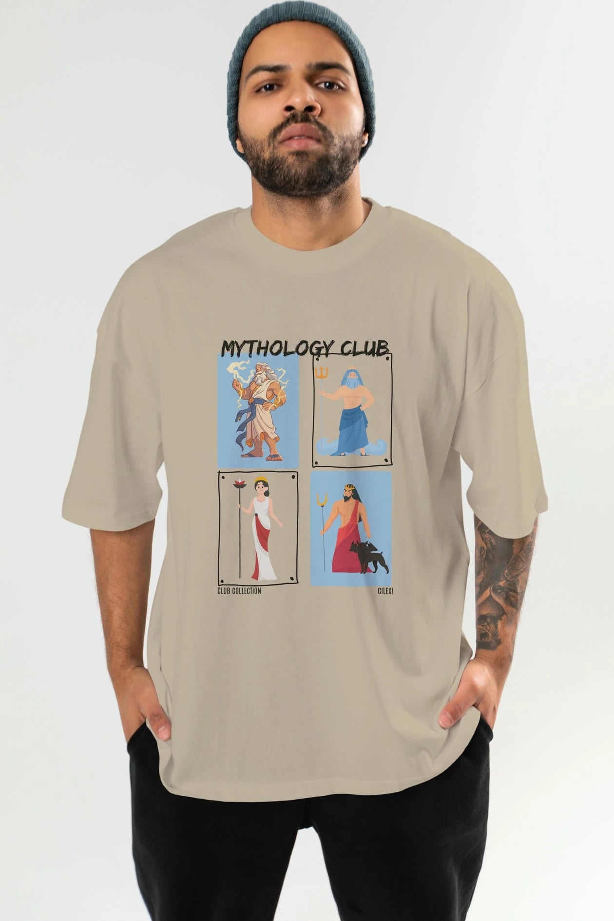 Mythology Club 2 ön Baskılı Oversize t-shirt Erkek Kadın %100 Pamuk Bisiklet Yaka tişort