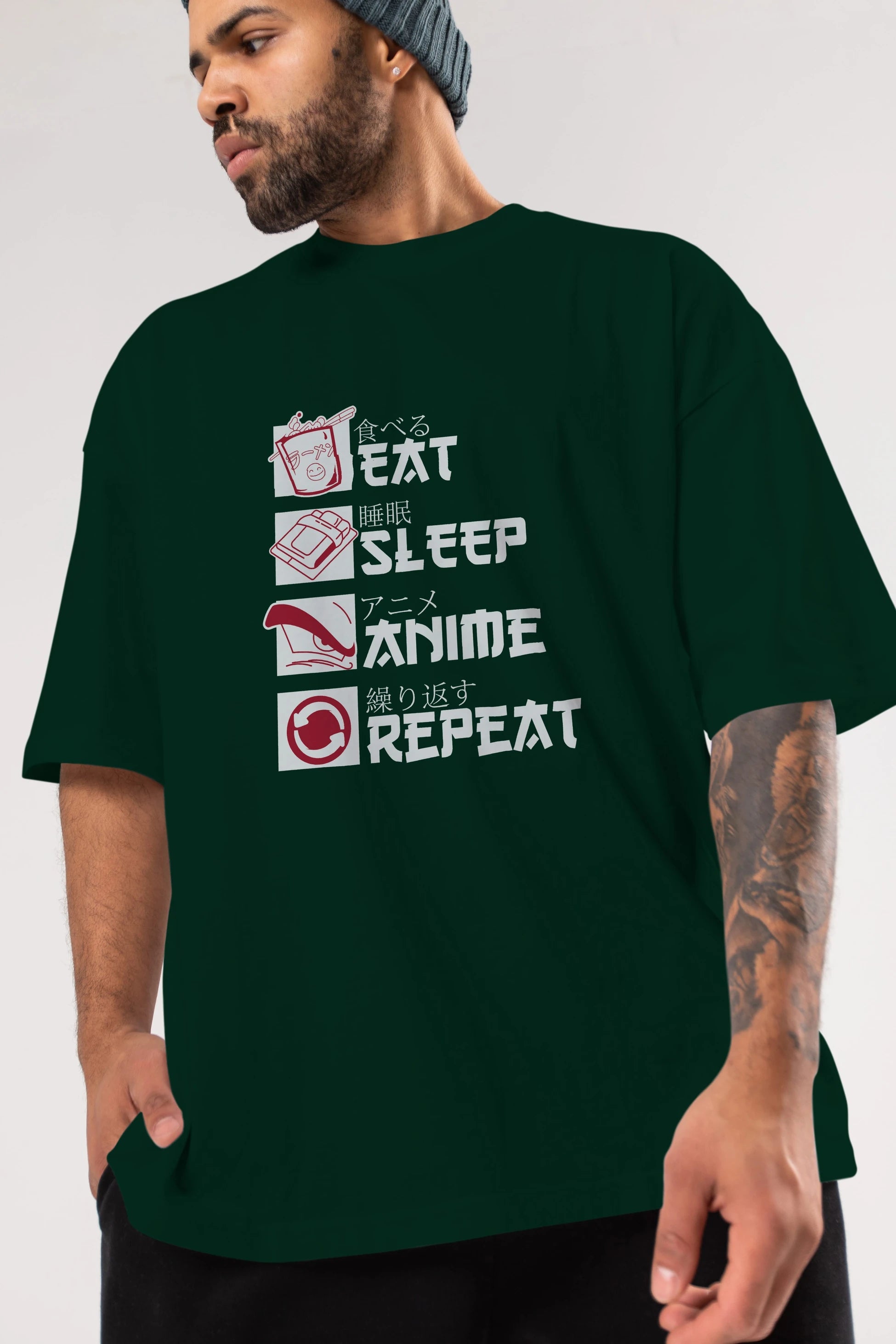 Eat, Sleep, Anime, Repeat Anime Ön Baskılı Oversize t-shirt %100 pamuk Erkek Kadın Unisex