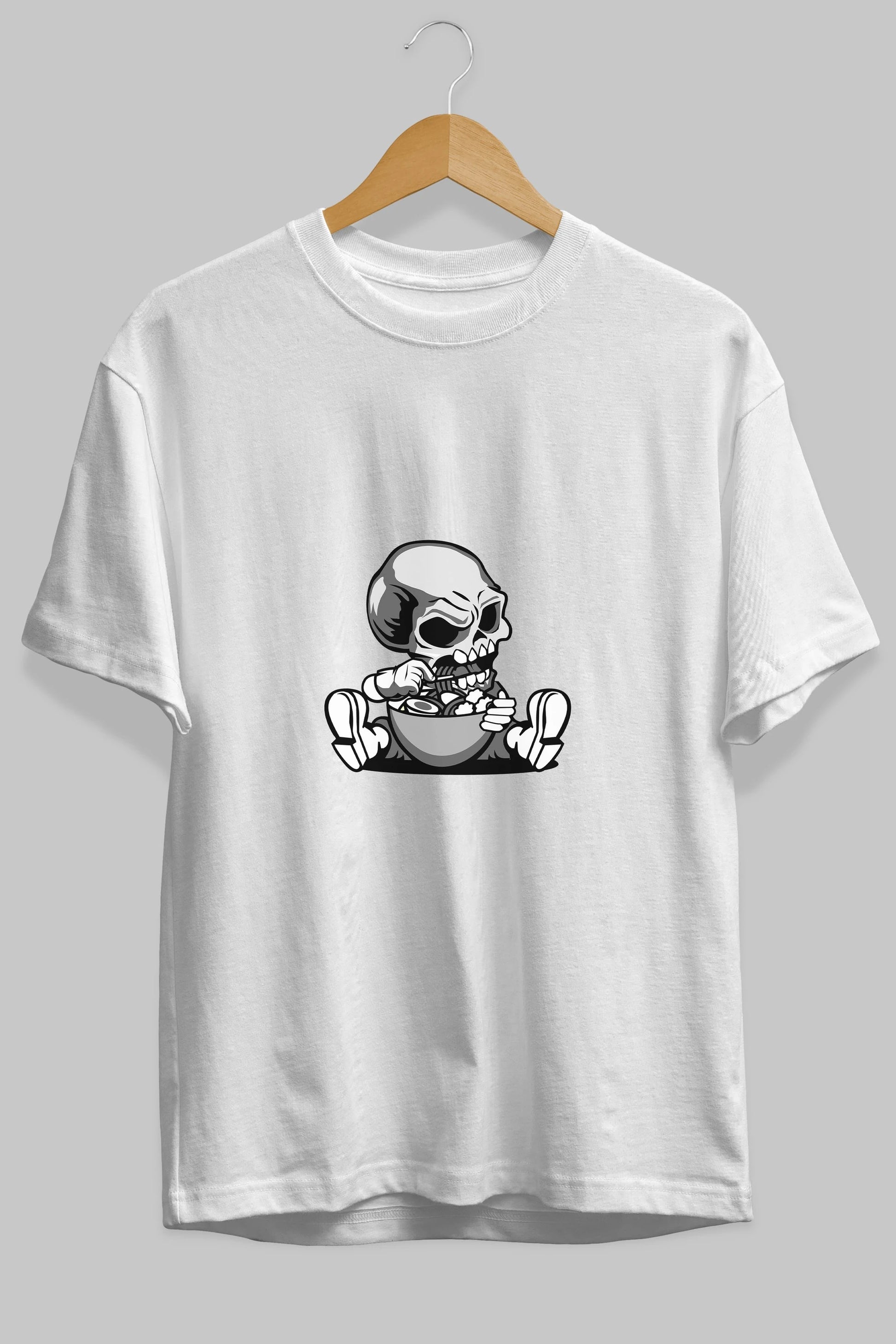 Skull Eat Ramen Ön Baskılı Oversize t-shirt Erkek Kadın Unisex %100 Pamuk tişort