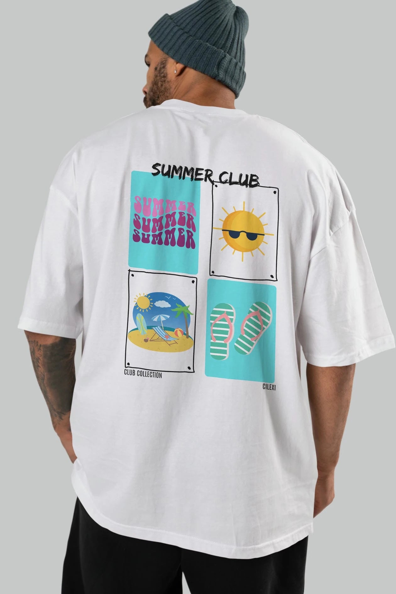 Summer Club Arka Baskılı Oversize t-shirt Erkek Kadın %100 Pamuk Bisiklet Yaka tişort