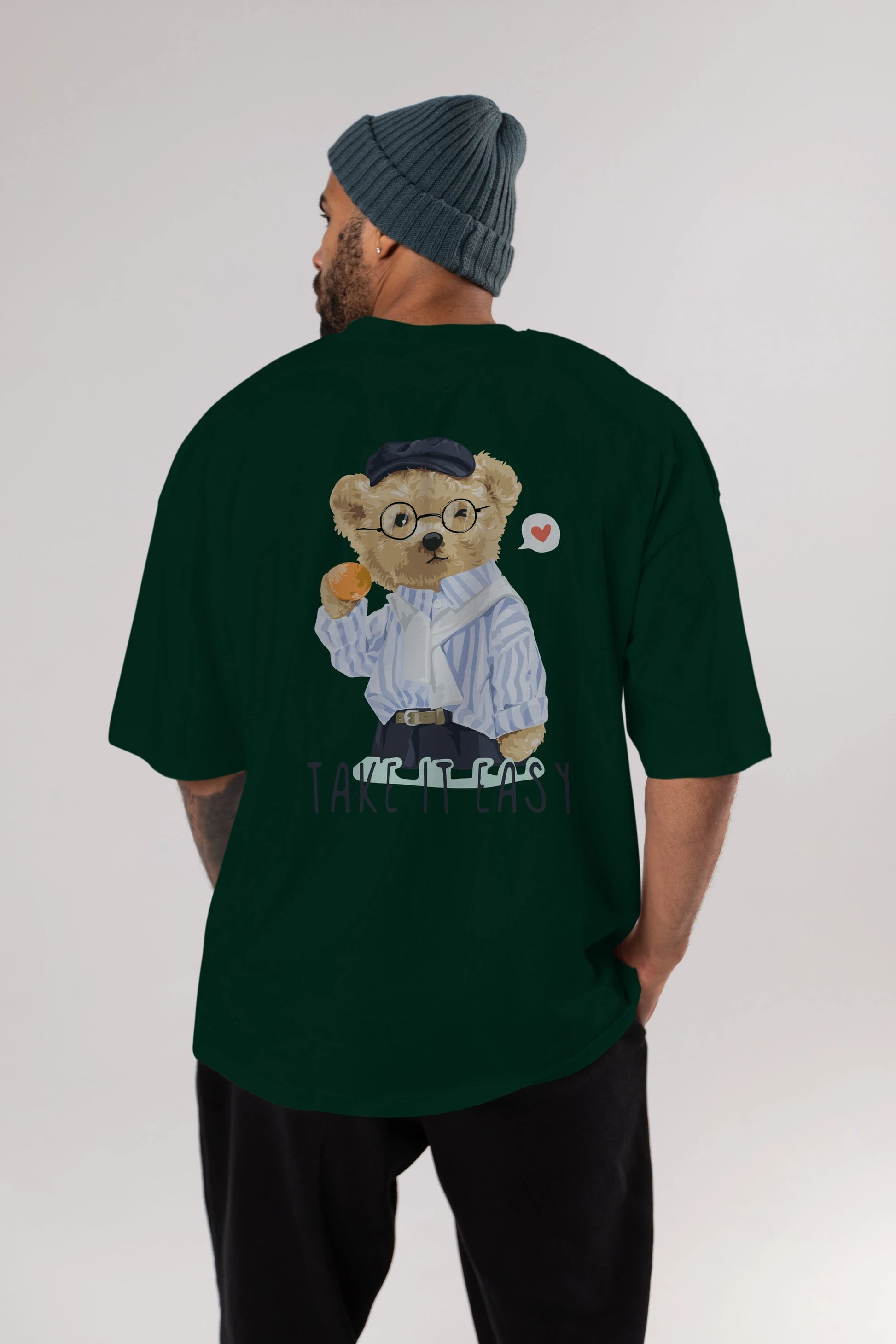 Teddy Bear Take it Easy Arka Baskılı Oversize t-shirt Erkek Kadın Unisex %100 Pamuk