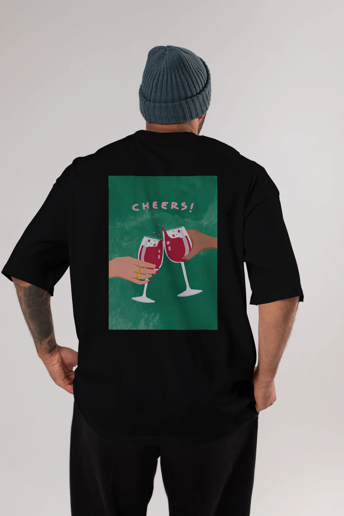 Cheers Arka Baskılı Oversize t-shirt Erkek Kadın Unisex %100 Pamuk Bisiklet Yaka tişort