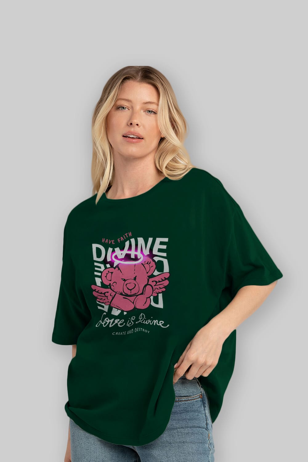Love is Divine Bear Ön Baskılı Oversize t-shirt Erkek Kadın Unisex
