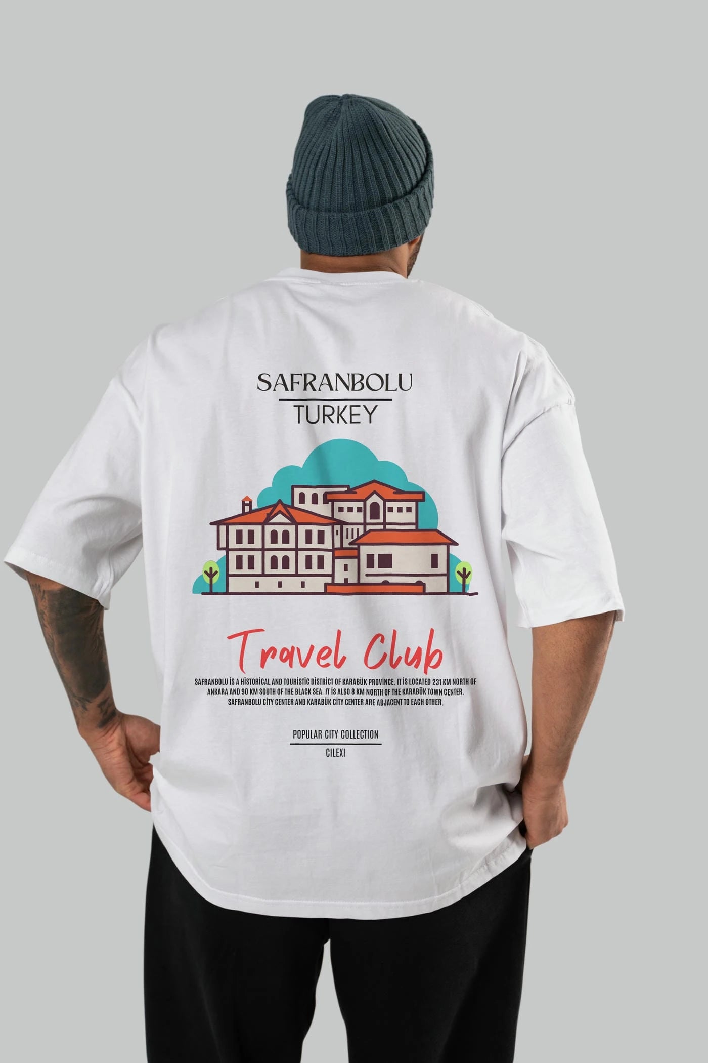 Safranbolu Turkey Arka Baskılı Oversize t-shirt Erkek Kadın Pamuk Bisiklet Yaka tişort