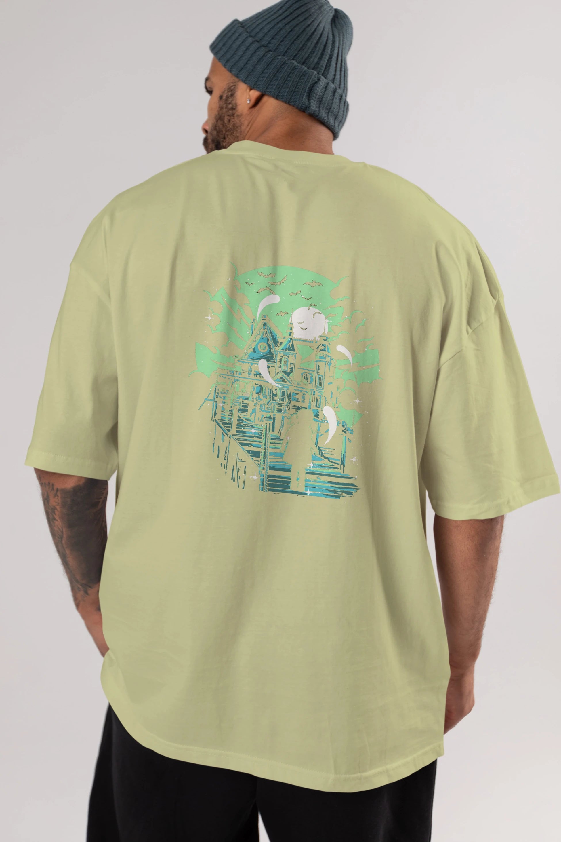 Haunted House Arka Baskılı Oversize t-shirt Erkek Kadın Unisex %100 Pamuk