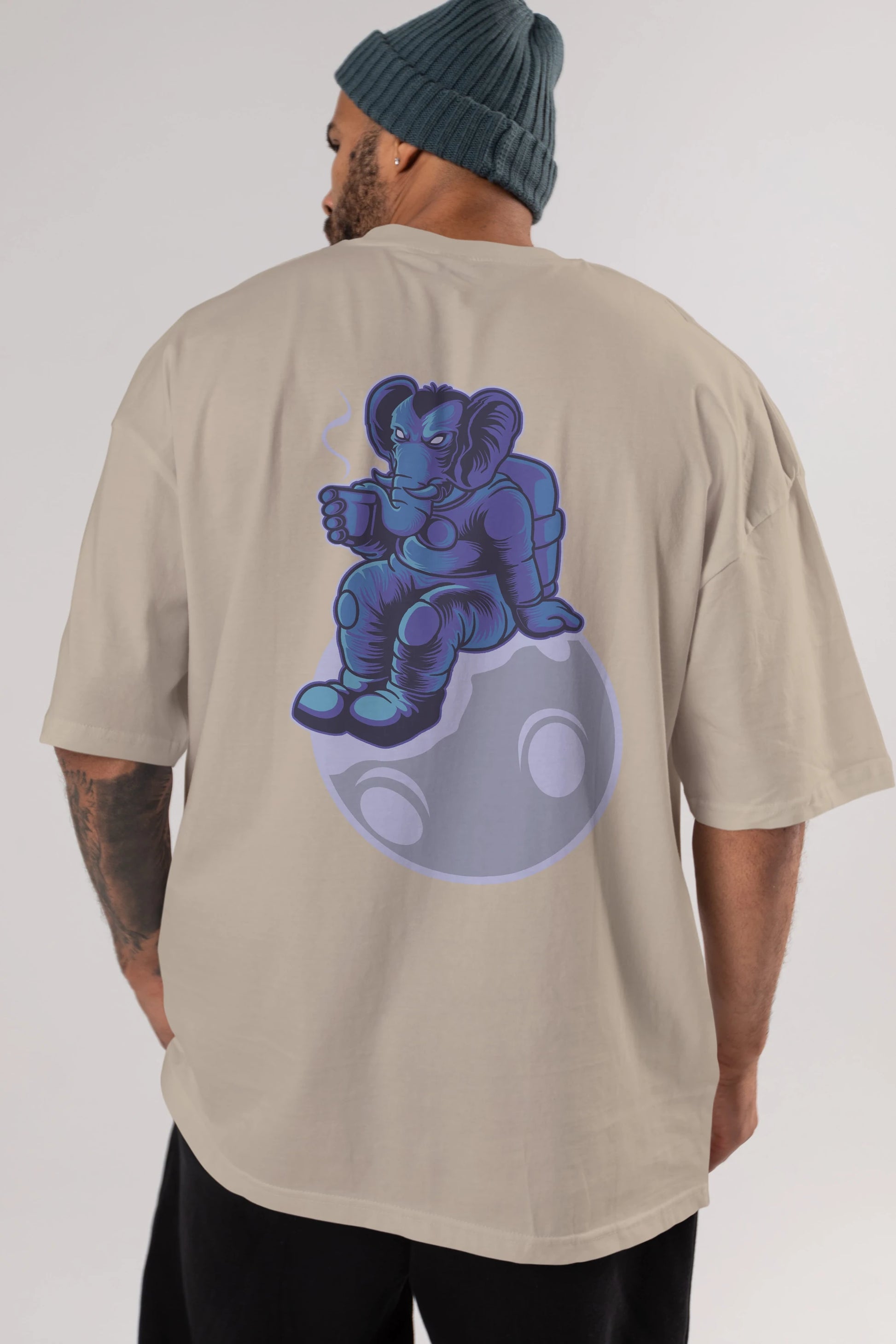 Space Elephant Drink Coffee Arka Baskılı Oversize t-shirt Erkek Kadın Unisex