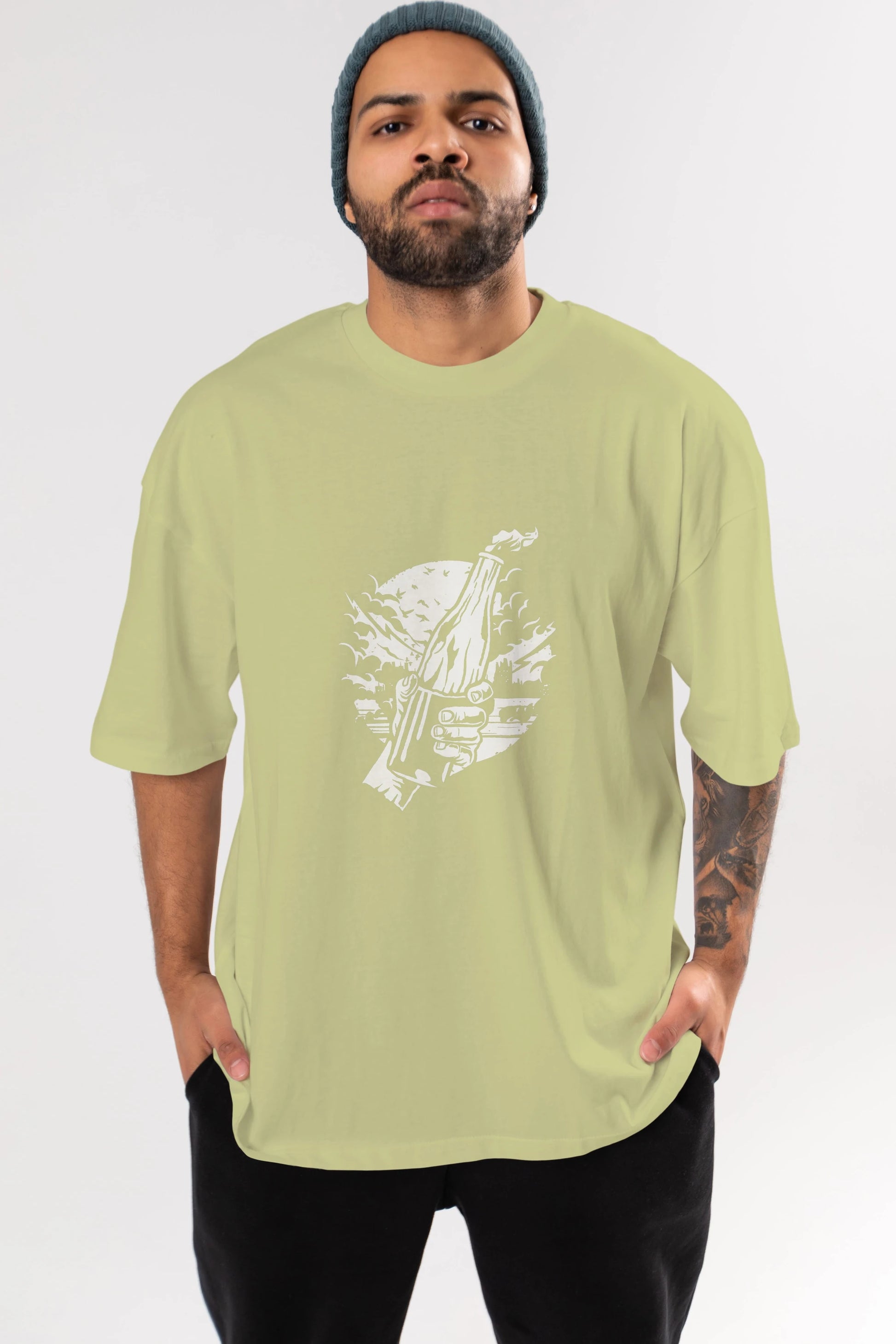 Molotov Cocktail Ön Baskılı Oversize t-shirt Erkek Kadın Unisex %100 Pamuk tişort