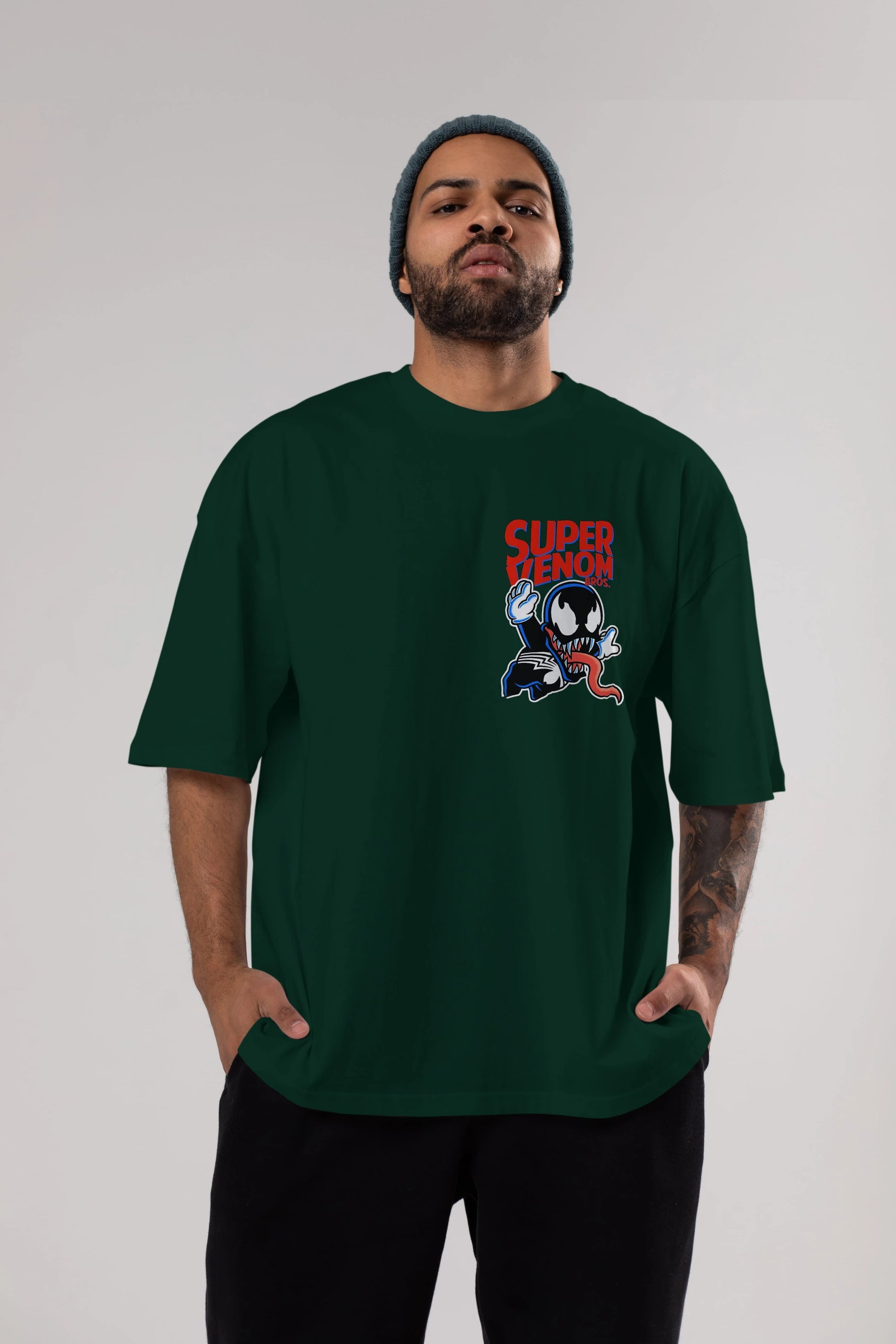 Super Venom Ön Sol Baskılı Oversize t-shirt Erkek Kadın Unisex %100 Pamuk Bisiklet Yaka tişort