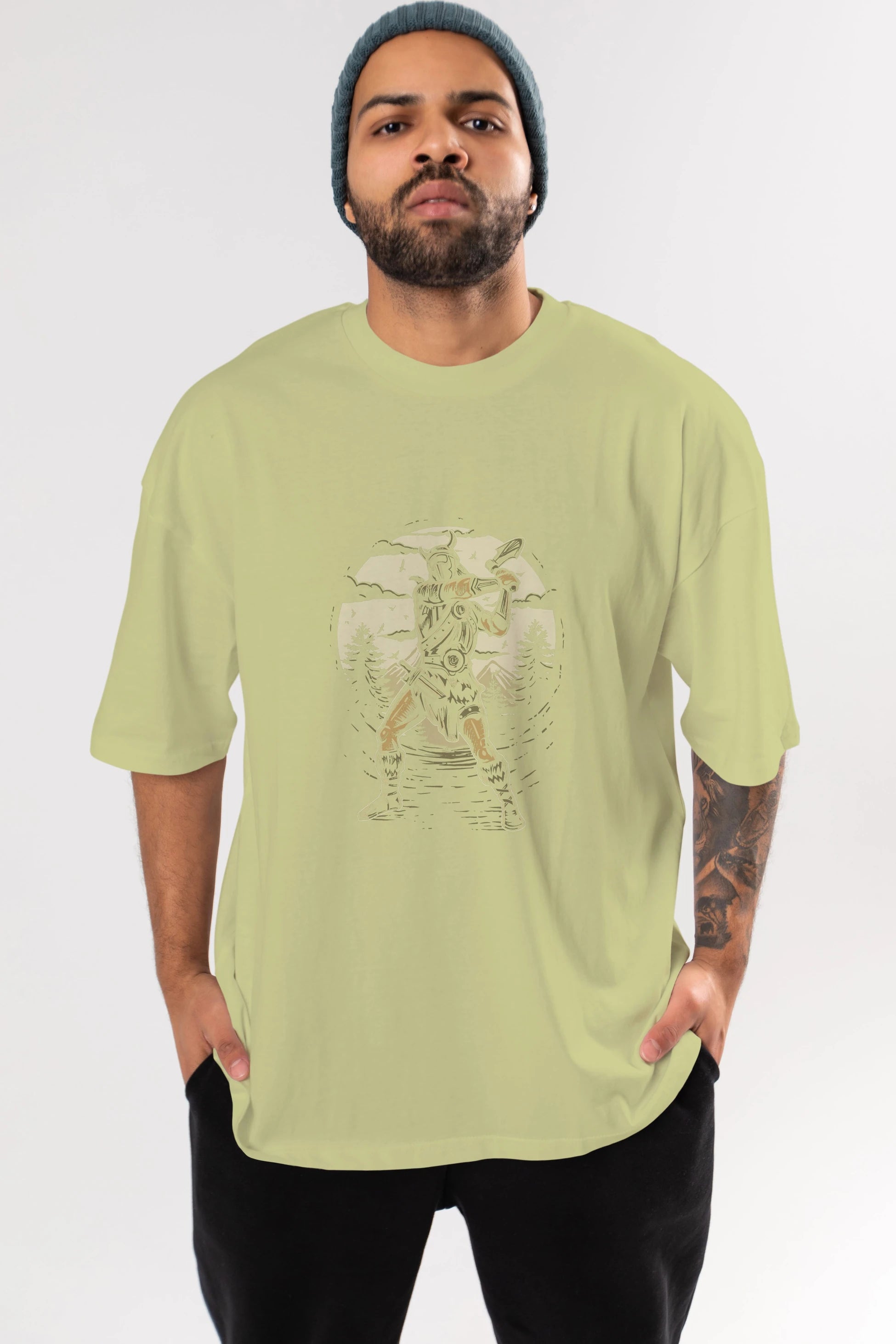 Viking Ön Baskılı Oversize t-shirt Erkek Kadın Unisex %100 Pamuk tişort