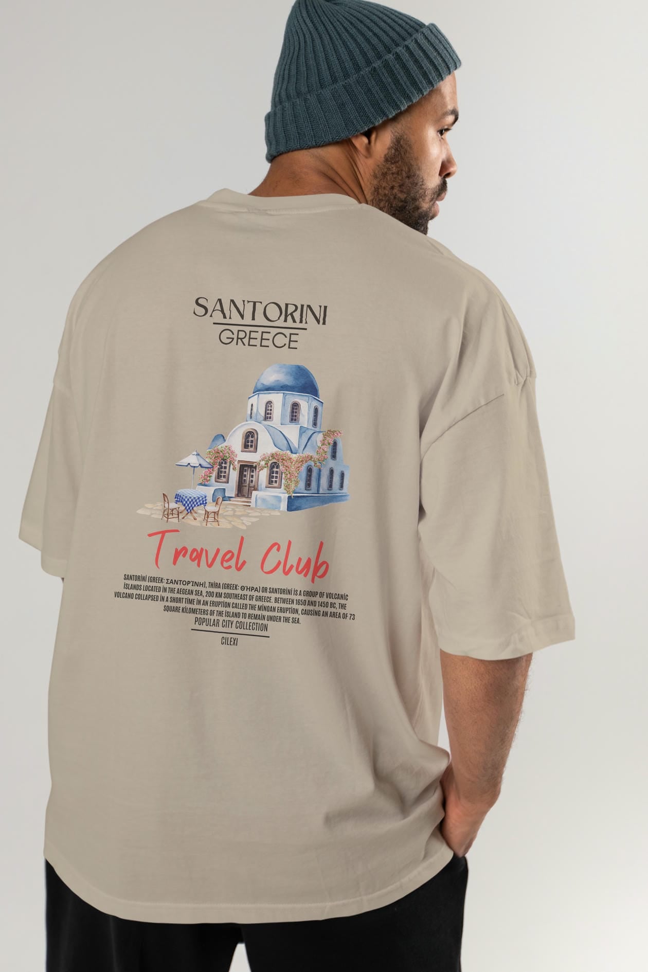 Santorini Greece Arka Baskılı Oversize t-shirt Erkek Kadın Pamuk Bisiklet Yaka tişort