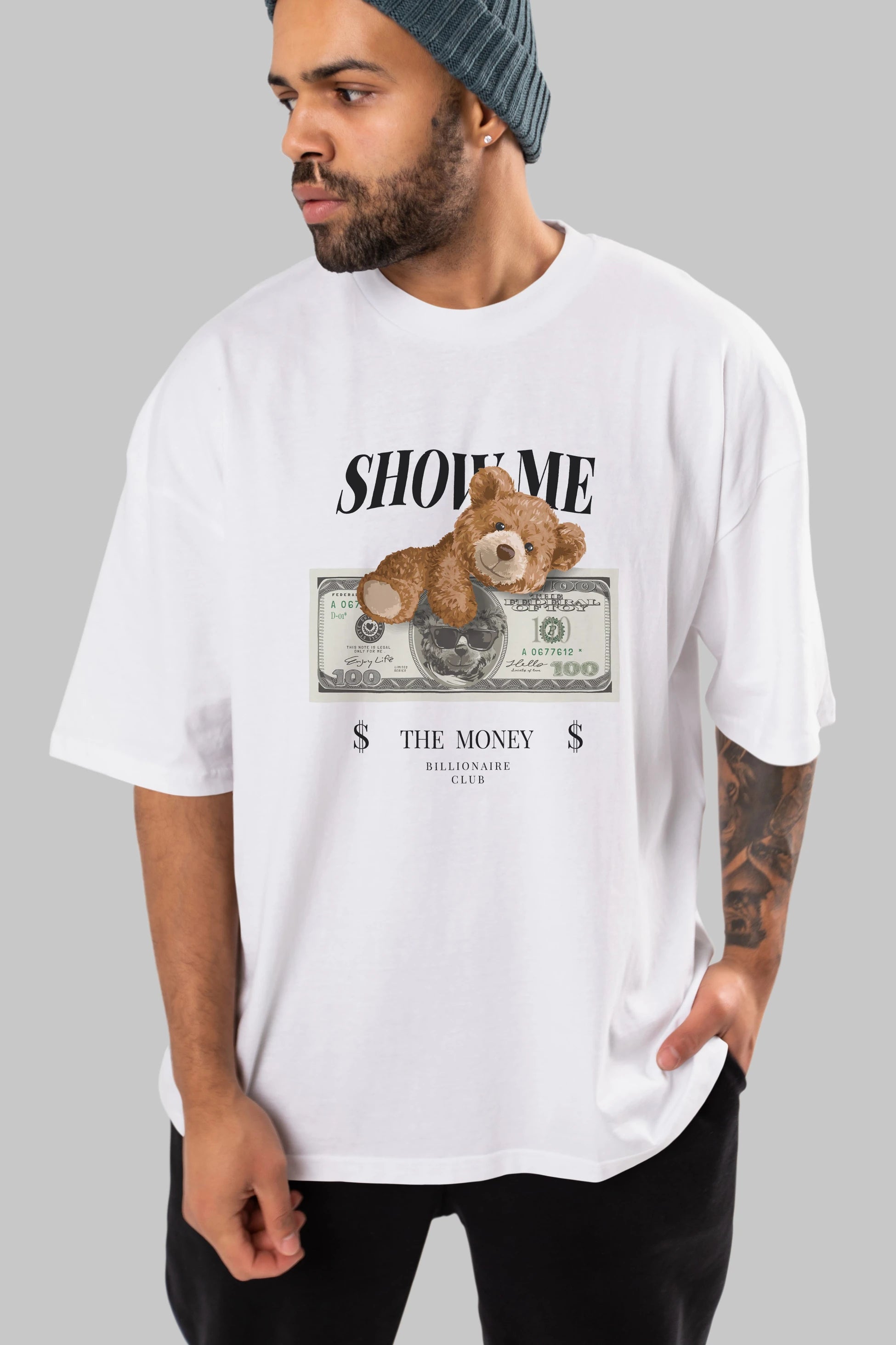 Teddy Bear The Money Ön Baskılı Oversize t-shirt Erkek Kadın Unisex %100 Pamuk